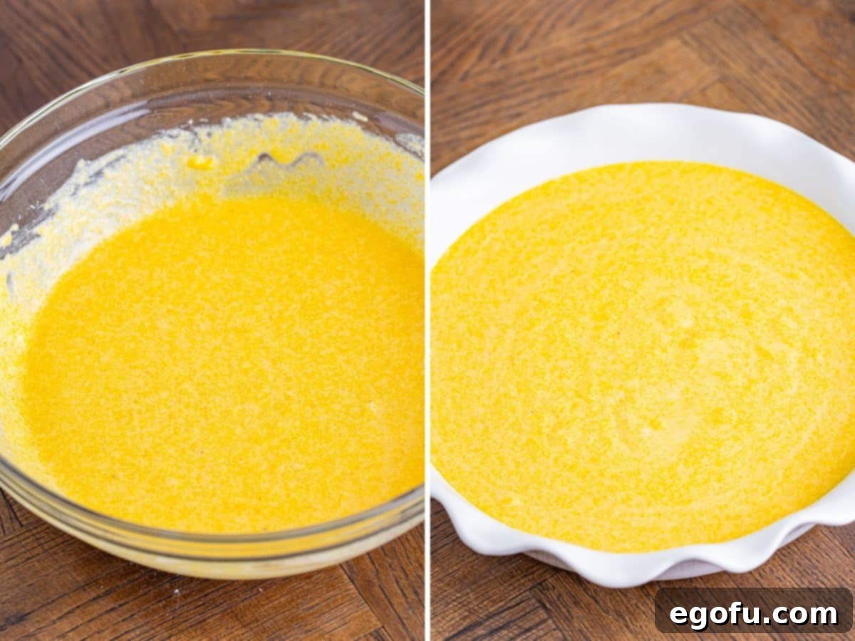 Wet batter for Sweet Cornbread in a mixing bowl and then in a pie plate.