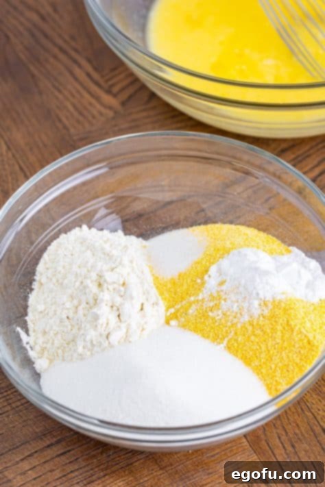 The dry ingredients for Sweet Cornbread in a bowl.