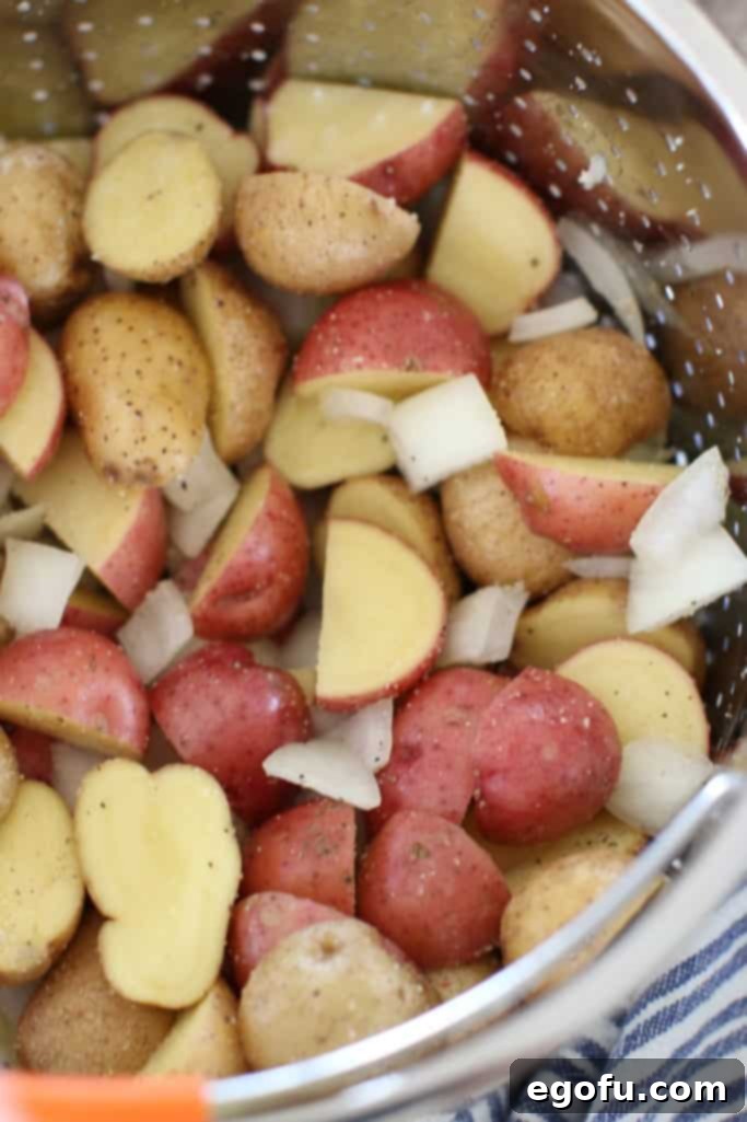 diced potatoes and onions seasoned with salt, pepper and garlic powder