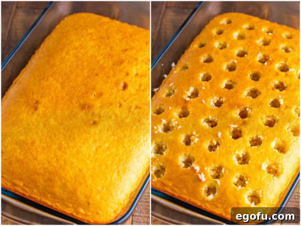 Cinnamon Swirl Poke Cake 5 A visual guide showing two stages: a freshly baked vanilla cake in a dish and the same cake with uniformly poked holes, ready for the filling.