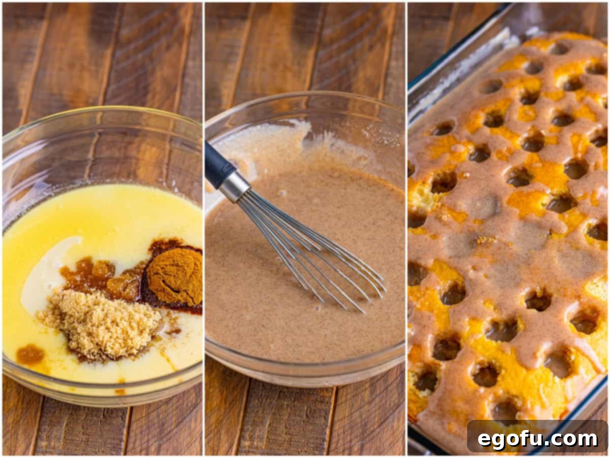 Cinnamon Swirl Poke Cake 6 A detailed collage showing the filling preparation: separate ingredients, mixed filling, and the filling being poured into the poked holes of the cake, illustrating the infusion process.