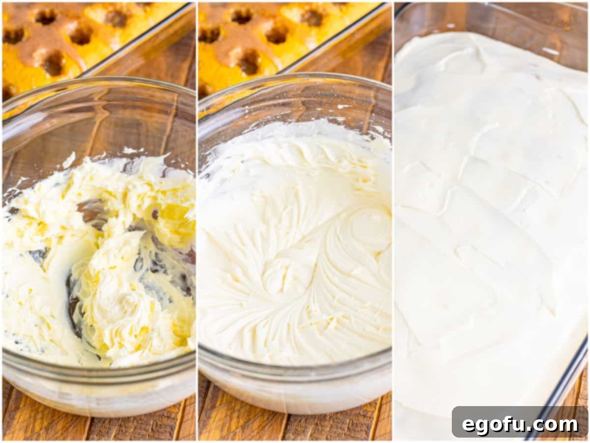 Cinnamon Swirl Poke Cake 7 A three-panel collage illustrating the frosting process: cream cheese and butter mixing, powdered sugar and milk being added, and finally, the smooth cream cheese frosting spread over the cake.