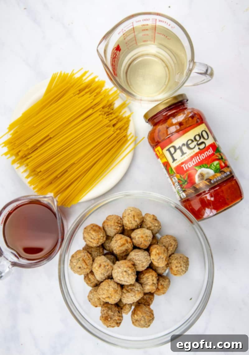 One-Pot Wonder: Instant Pot Spaghetti & Meatballs 5 spaghetti sauce, meatballs, spaghetti, water, beef broth.