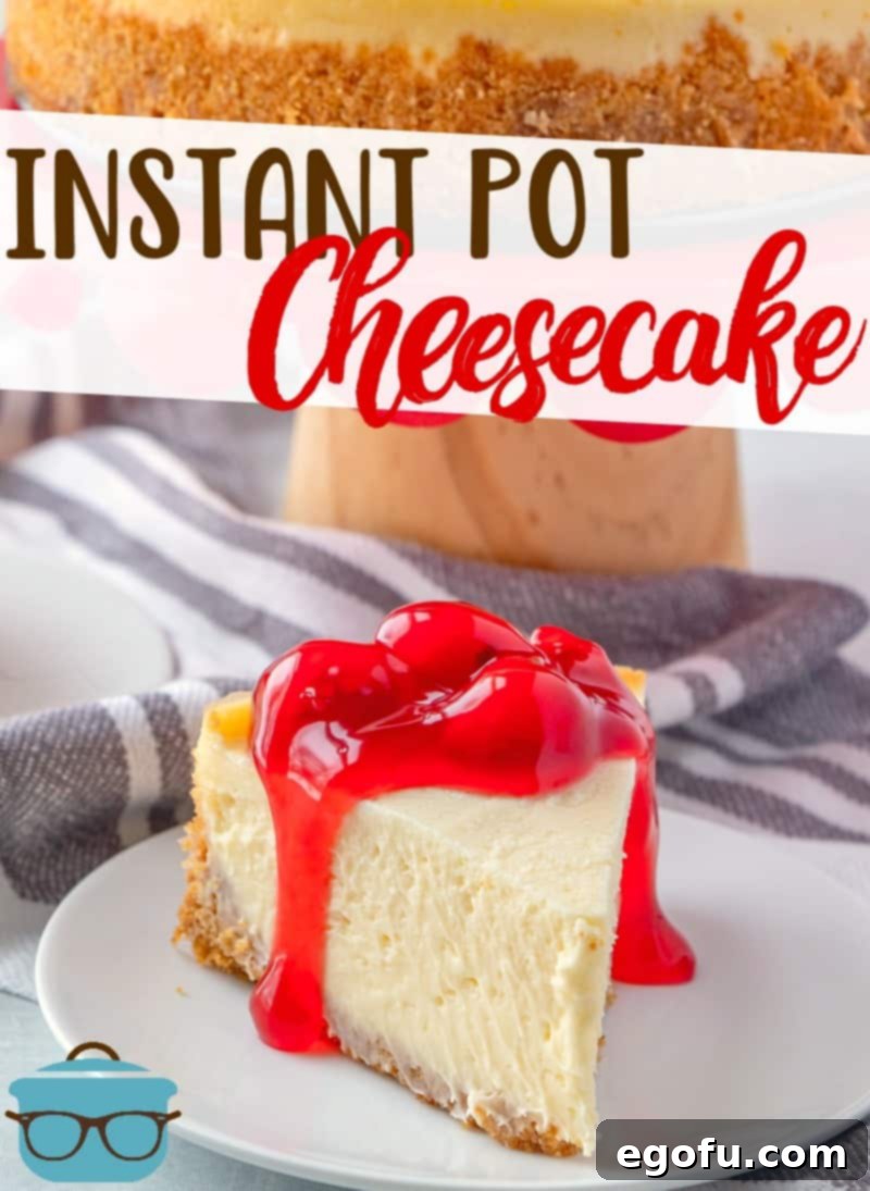 The Ultimate Instant Pot Cheesecake 3 A thick slice of cheesecake on a small round white plate topped with cherries.