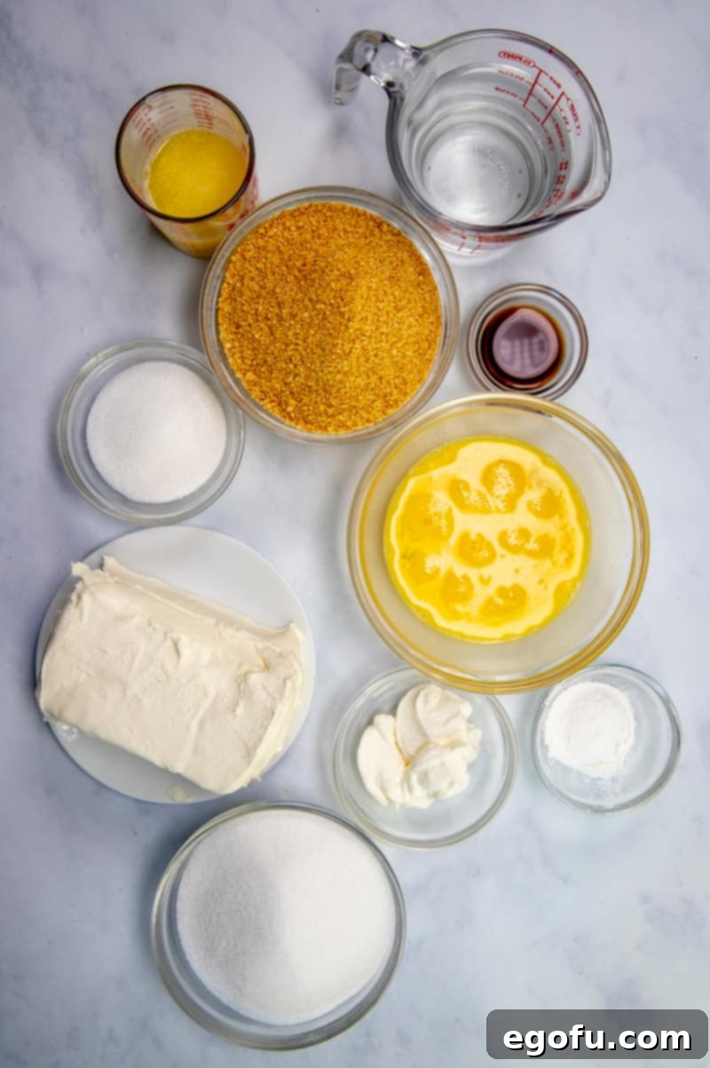 The Ultimate Instant Pot Cheesecake 4 graham crackers, salted butter, cream cheese, sugar, cornstarch, sour cream, vanilla extract, eggs.