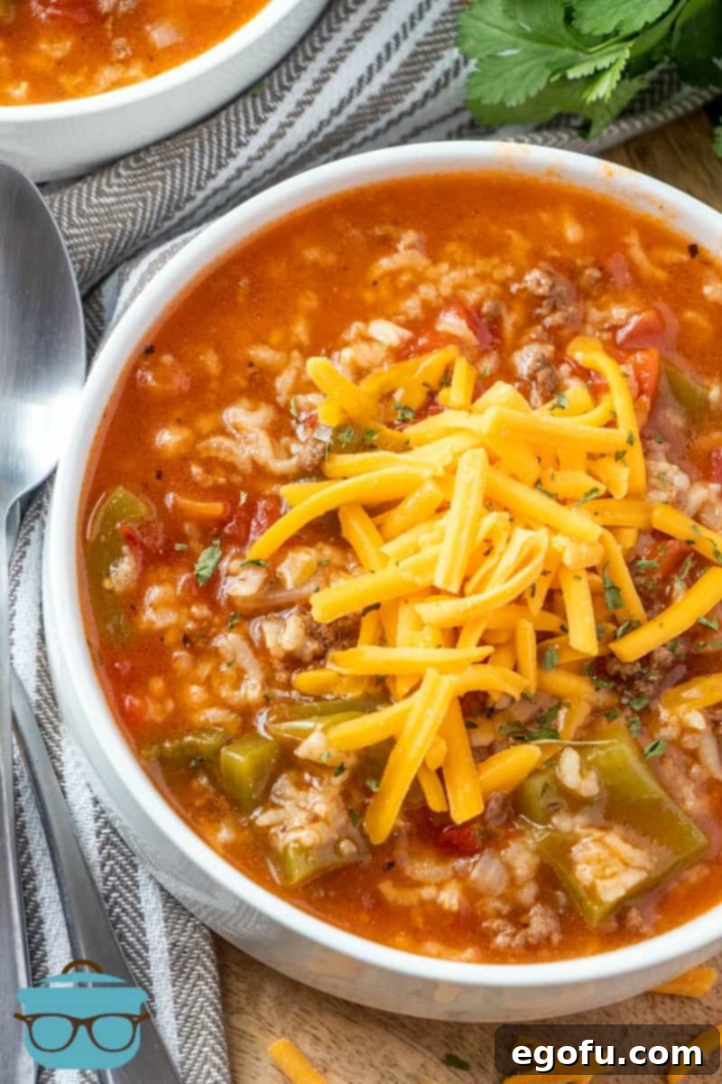 Deconstructed Stuffed Pepper Soup 2 A bowl of Instant Pot Stuffed Pepper Soup, garnished with a generous topping of freshly shredded cheddar cheese, ready for a comforting meal.