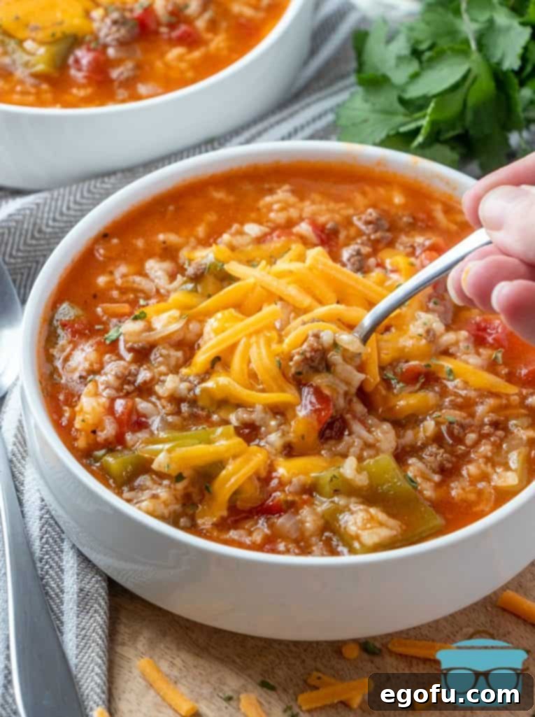 Deconstructed Stuffed Pepper Soup 10 A beautifully presented bowl of Instant Pot Stuffed Pepper Soup, garnished with fresh green herbs, with a spoon resting in it, inviting a delicious and comforting meal.