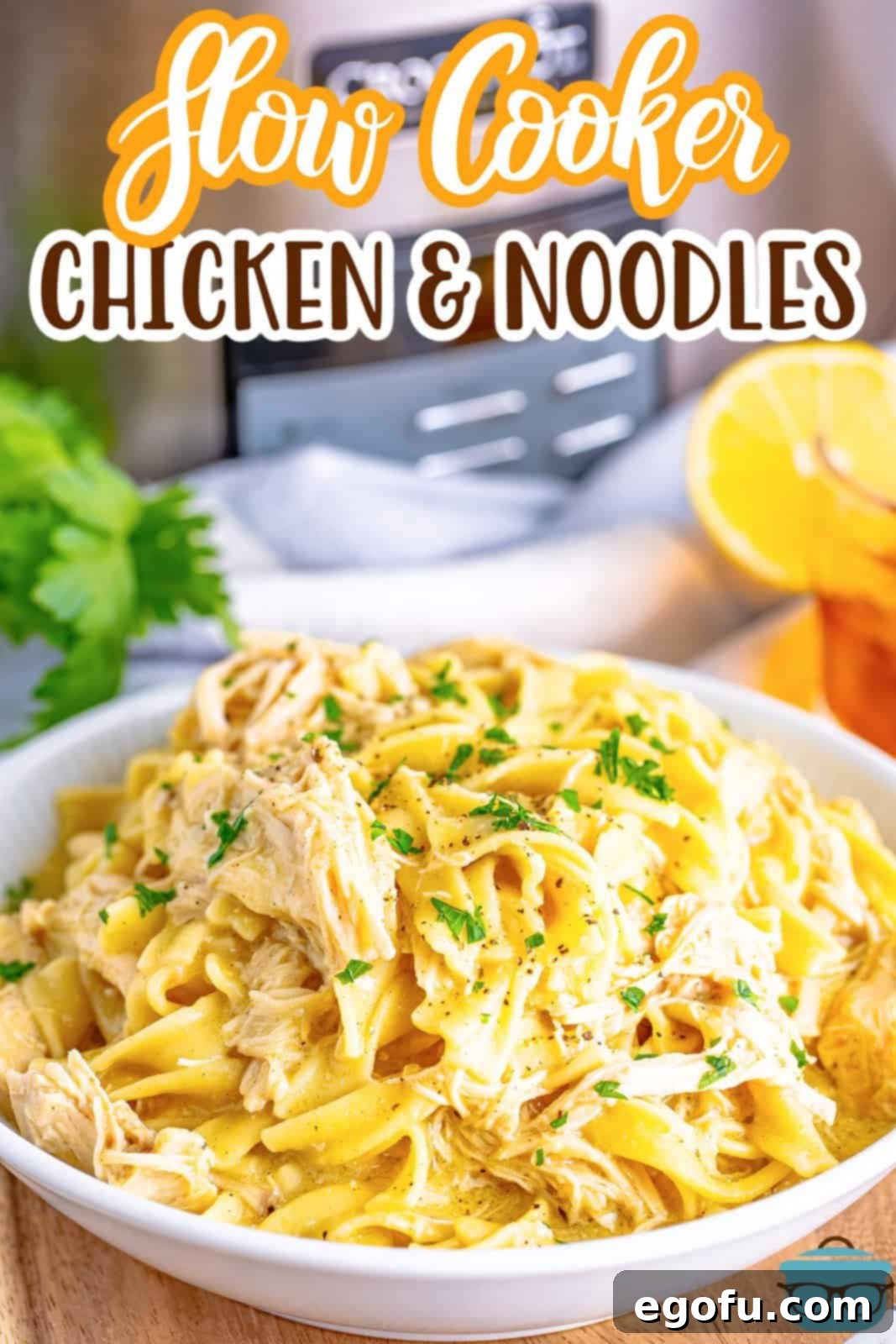 A white bowl filled with perfectly shredded chicken and tender egg noodles, with a slow cooker gently simmering in the background, ready to be served.