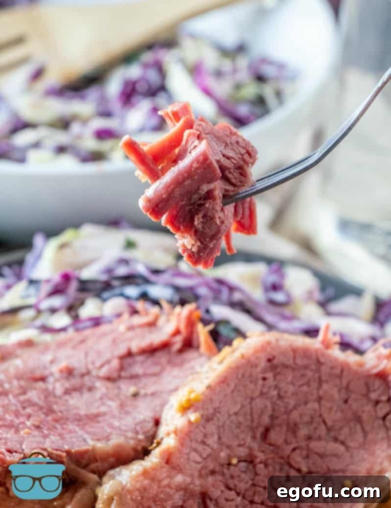 forkful, fully cooked tender corned beef.