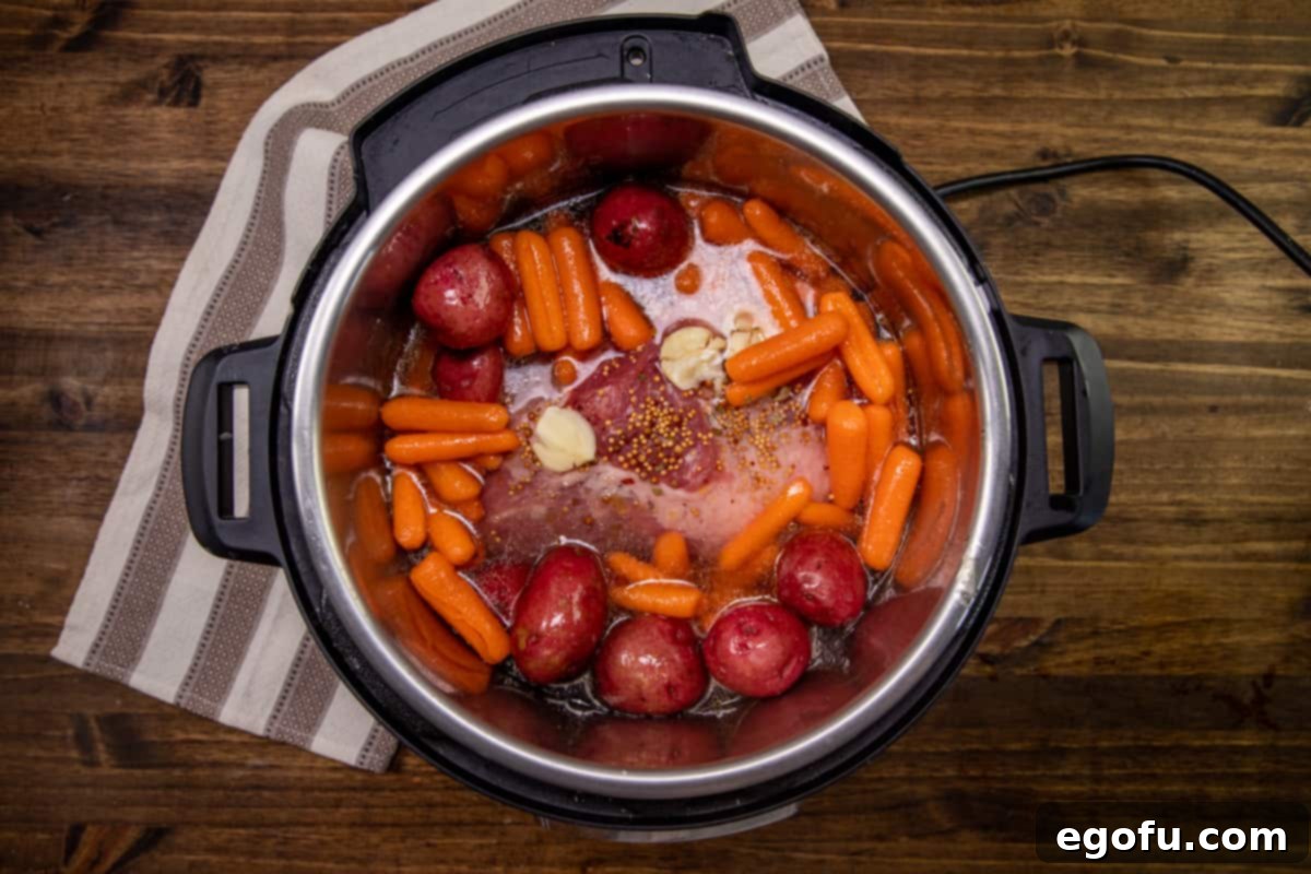 seasoned carrots and potatoes placed around brisket in 6-quart Instant Pot.