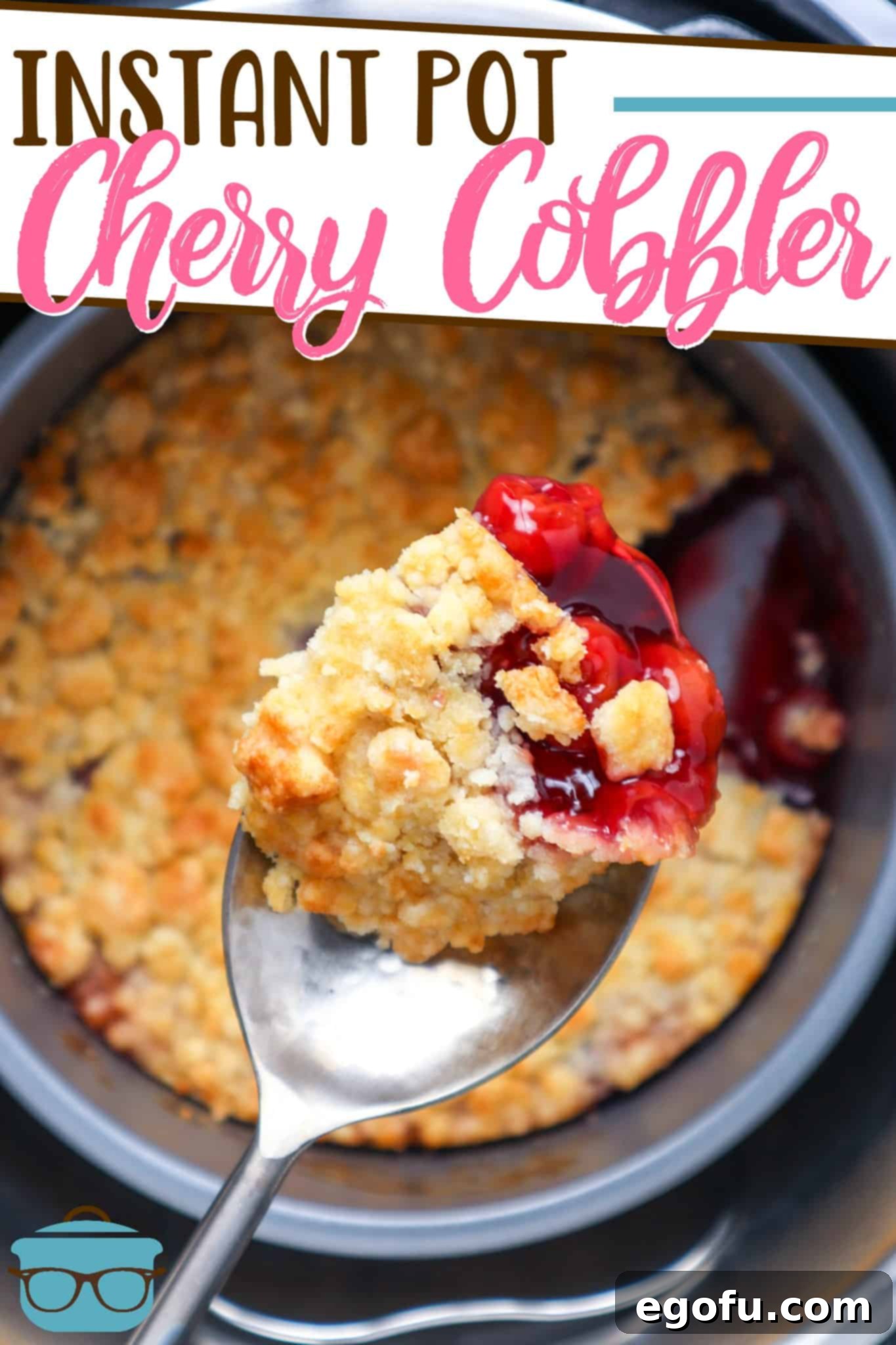 Easy Instant Pot Cherry Cobbler recipe from The Country Cook, pictured, spoon scooping up some cherry cobbler out of the instant pot.