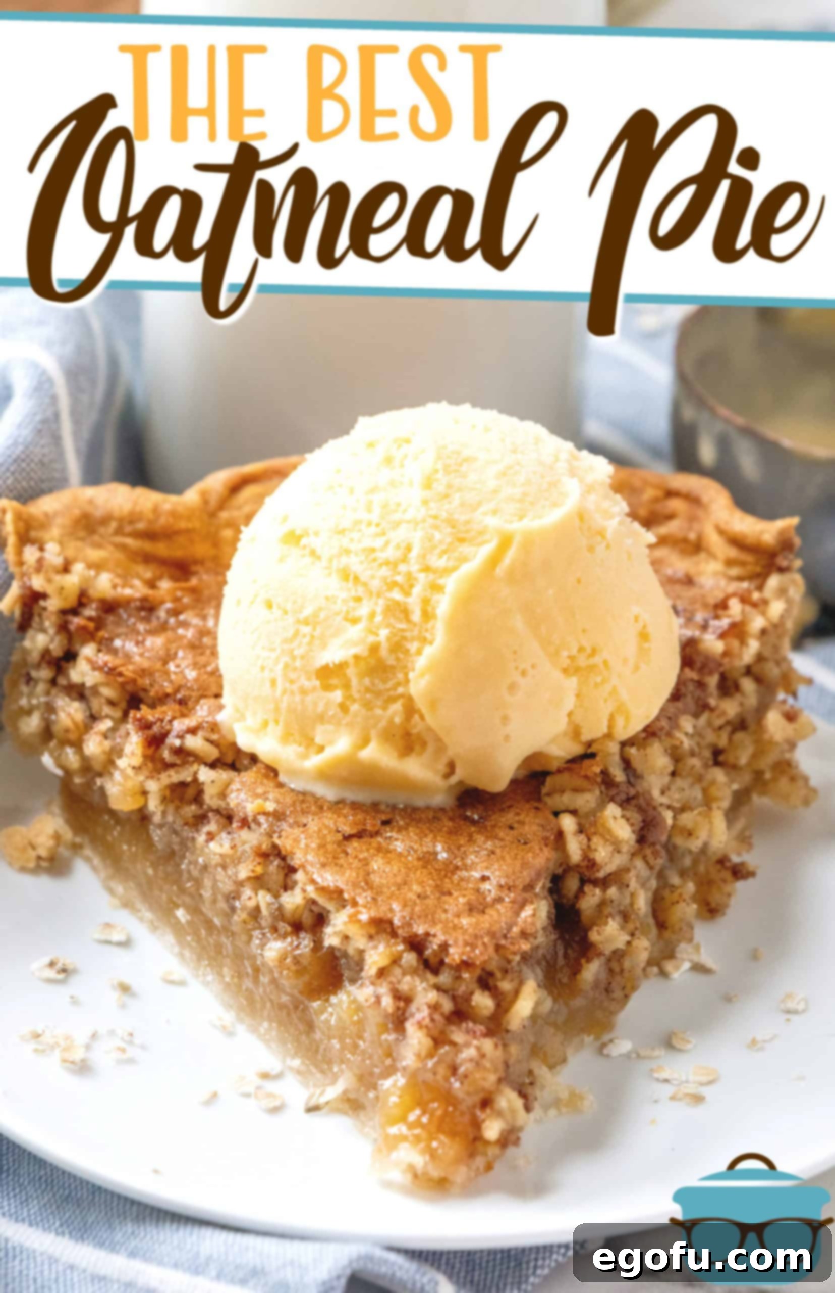The Best Oatmeal Pie recipe from The Country Cook, slice shown on a white small circle plate and topped with a scoop of vanilla ice cream