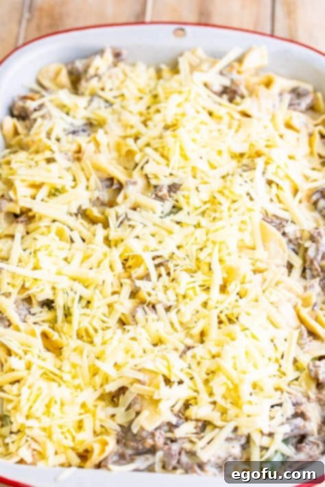 Shredded provolone cheese on top of an unbaked casserole.