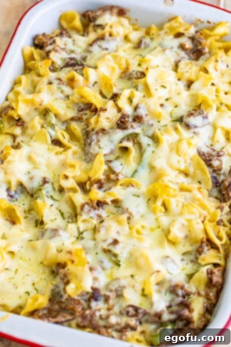 A baked Philly Cheesesteak Casserole in a dish.