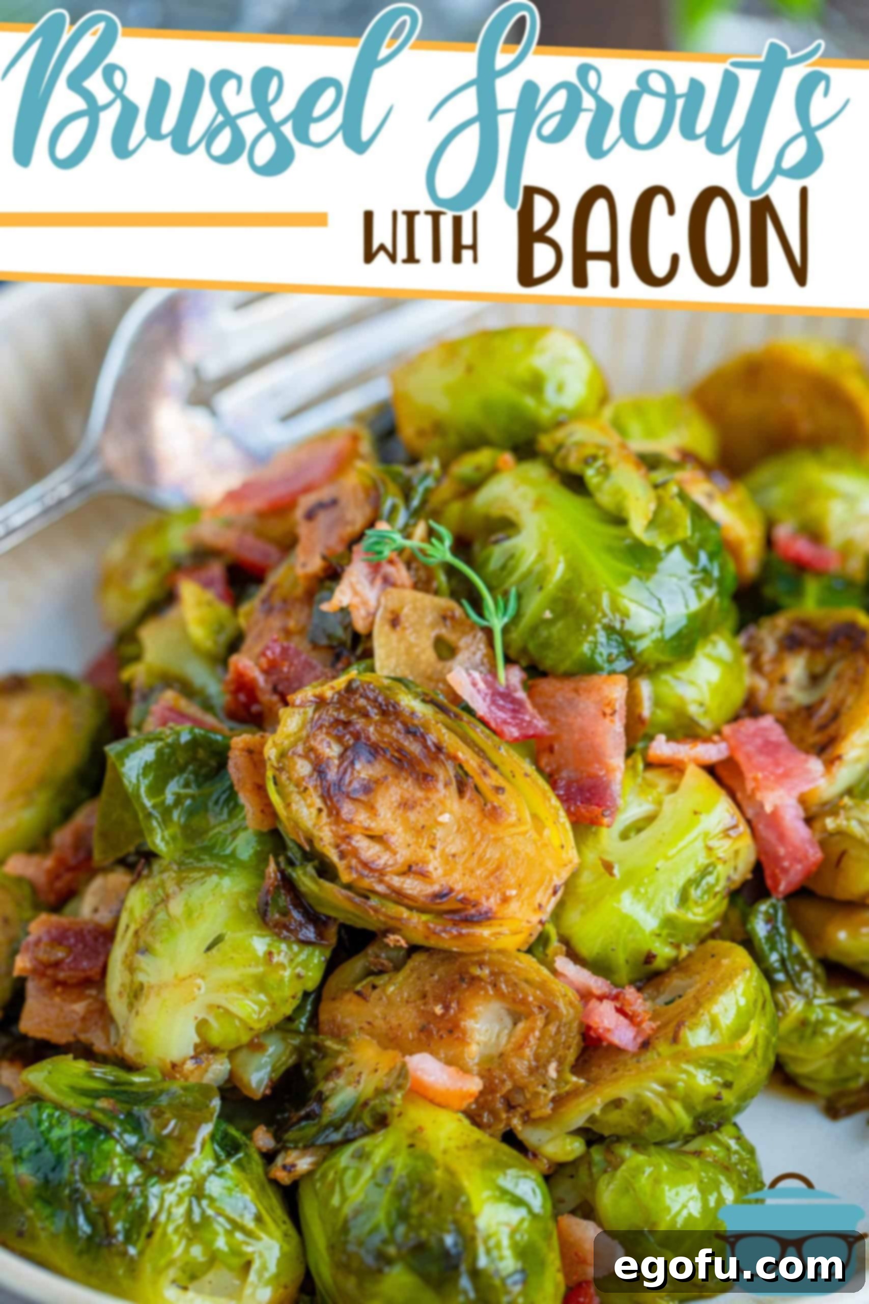 A serving of Stovetop Brussels Sprouts with Bacon from The Country Cook, presented on a white plate with a fork.