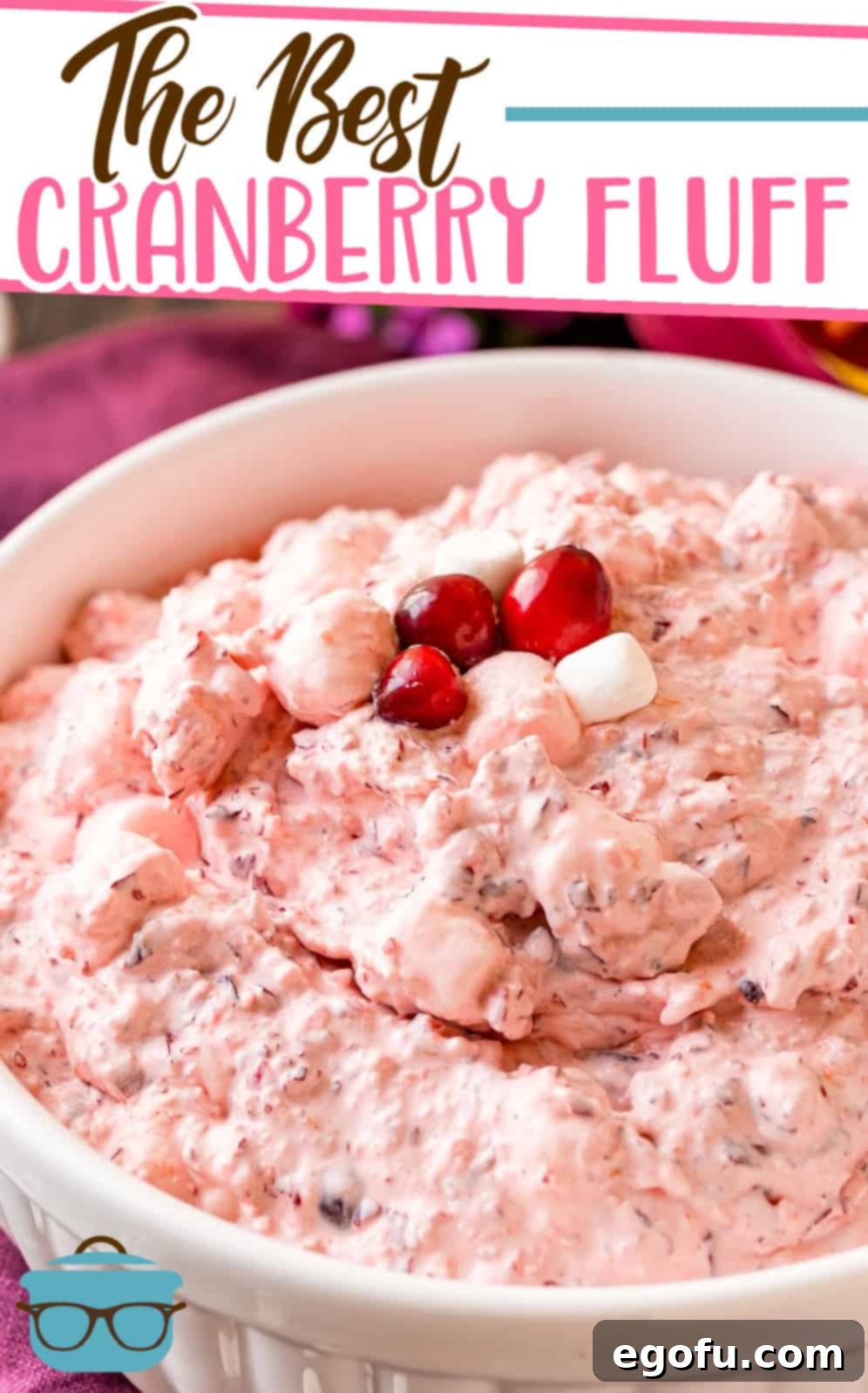 Whipped Cranberry Delight 2 The Best Cranberry Fluff recipe from The Country Cook, shown in a white bowl topped with fresh cranberries and mini marshmallows.