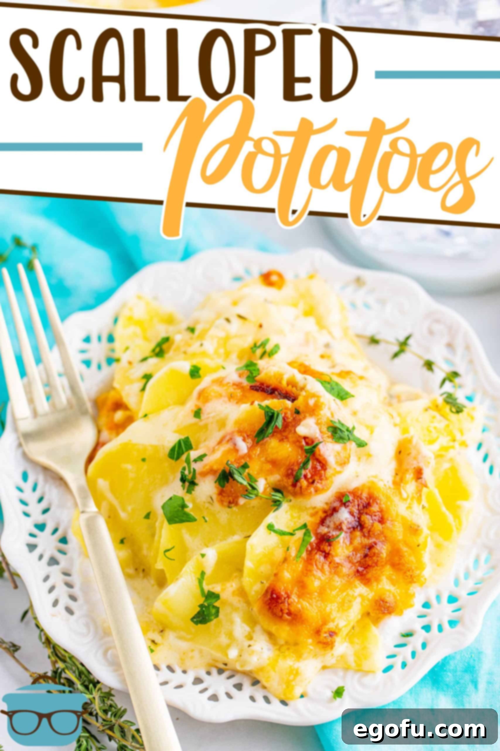Homemade Scalloped Potatoes recipe from The Country Cook, scalloped potatoes shown on a small white plate with a gold colored fork set to the side.