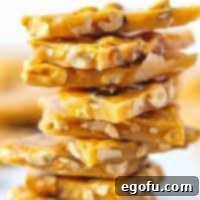 Golden Crunch Peanut Brittle 11 Easy Homemade Peanut Brittle recipe, with stacked brittle pieces in a thumbnail view.