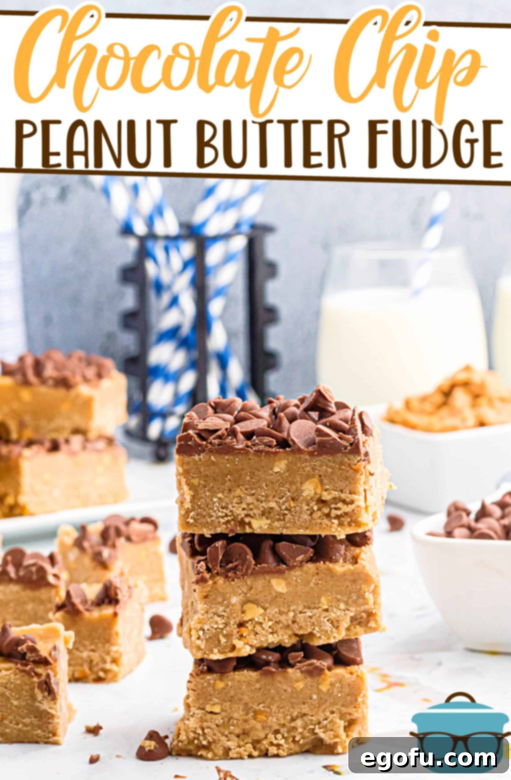 Three pieces of Chocolate Chip Peanut Butter Fudge stacked artistically on a white plate, with blurred glasses of milk in the background, suggesting a perfect pairing.