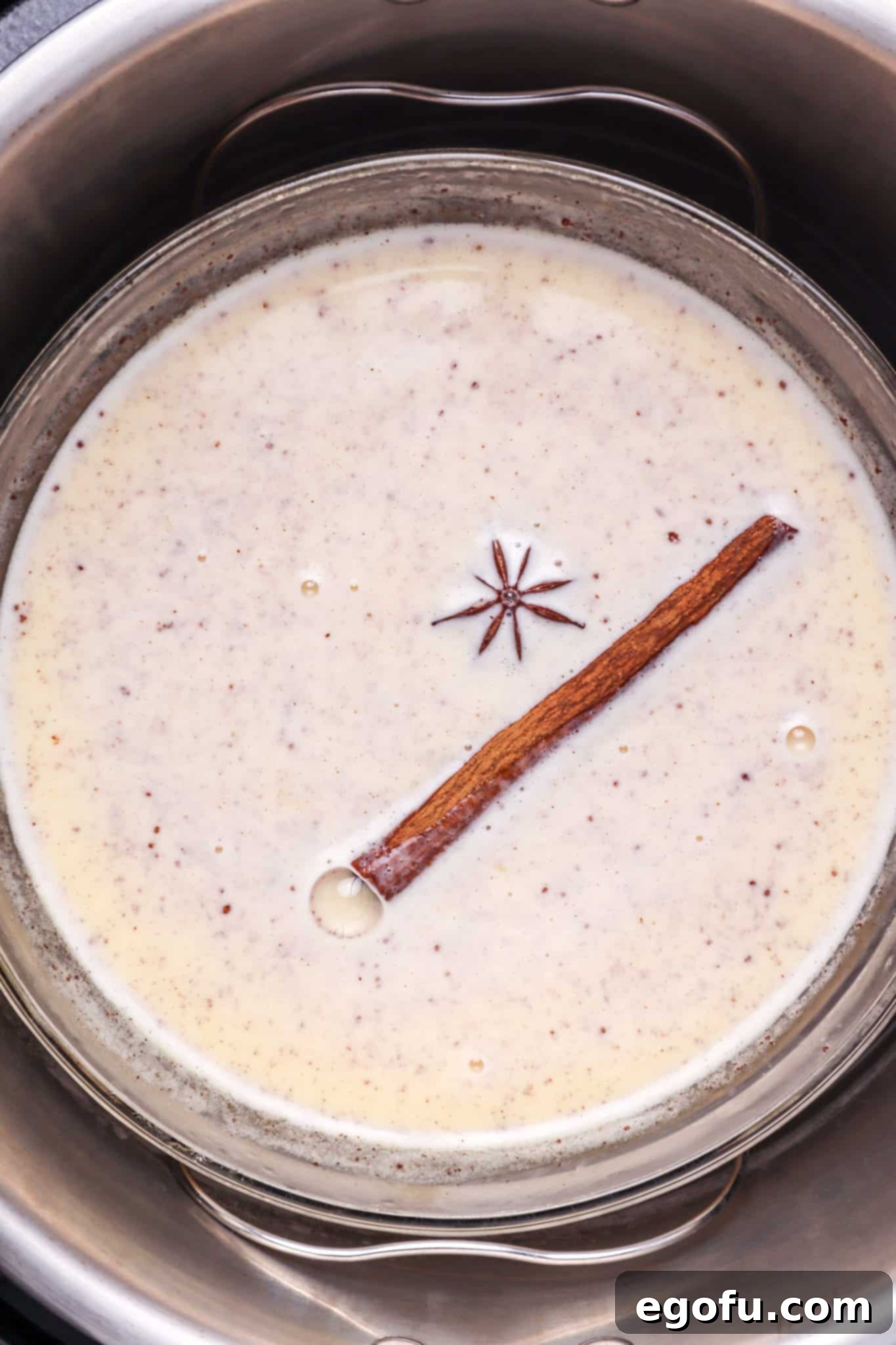cinnamon stick and star anise floating in egg, sugar, cream mixture shown inside the pressure cooker.