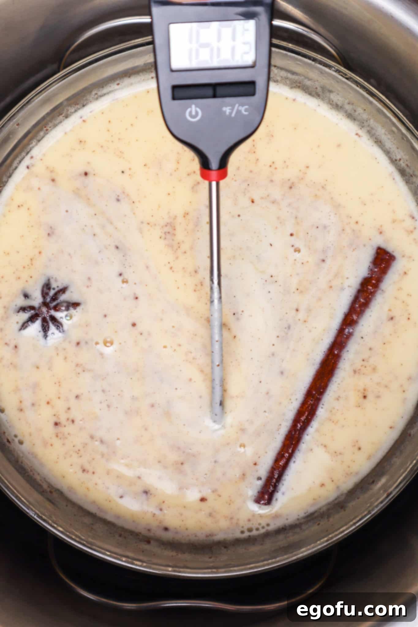 food thermometer showing 160f degree temperature reading while inserted to mixture.