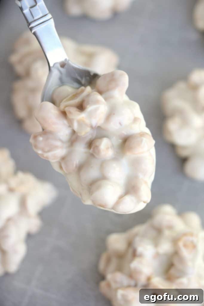 A spoonful of the white chocolate and peanut mixture is carefully dropped onto a parchment-lined baking sheet, forming neat clusters.