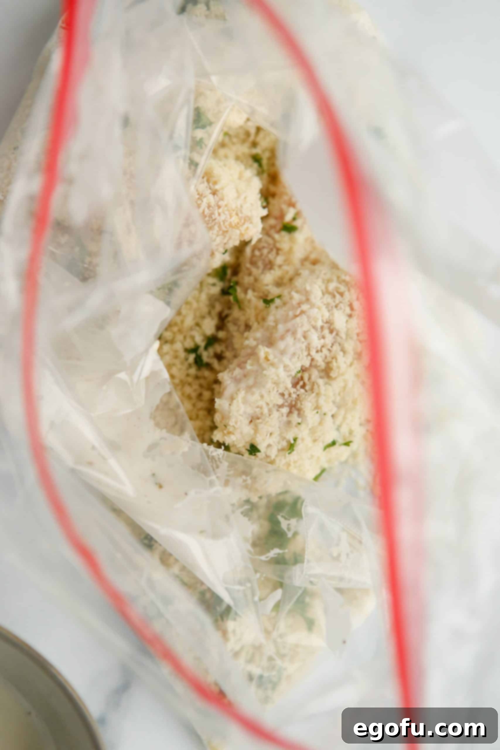 Ranch Chicken Nuggets in ziptop bag, getting coated in panko breadcrumb mixture.