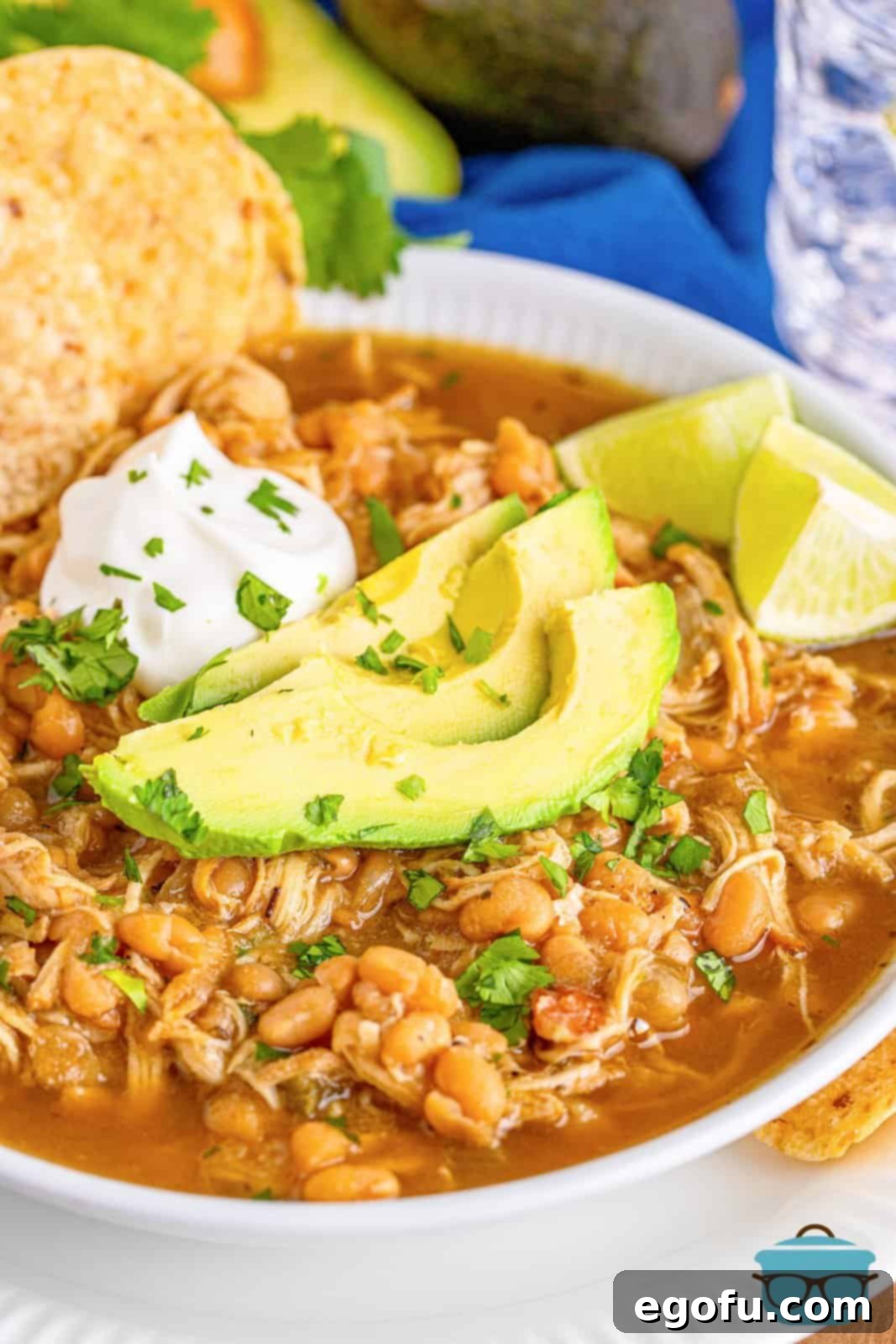 Creamy Crock Pot White Chicken Chili 2 closeup photo of a bowl of white chicken chili topped with sliced avocados, sour Cream and lime slices.