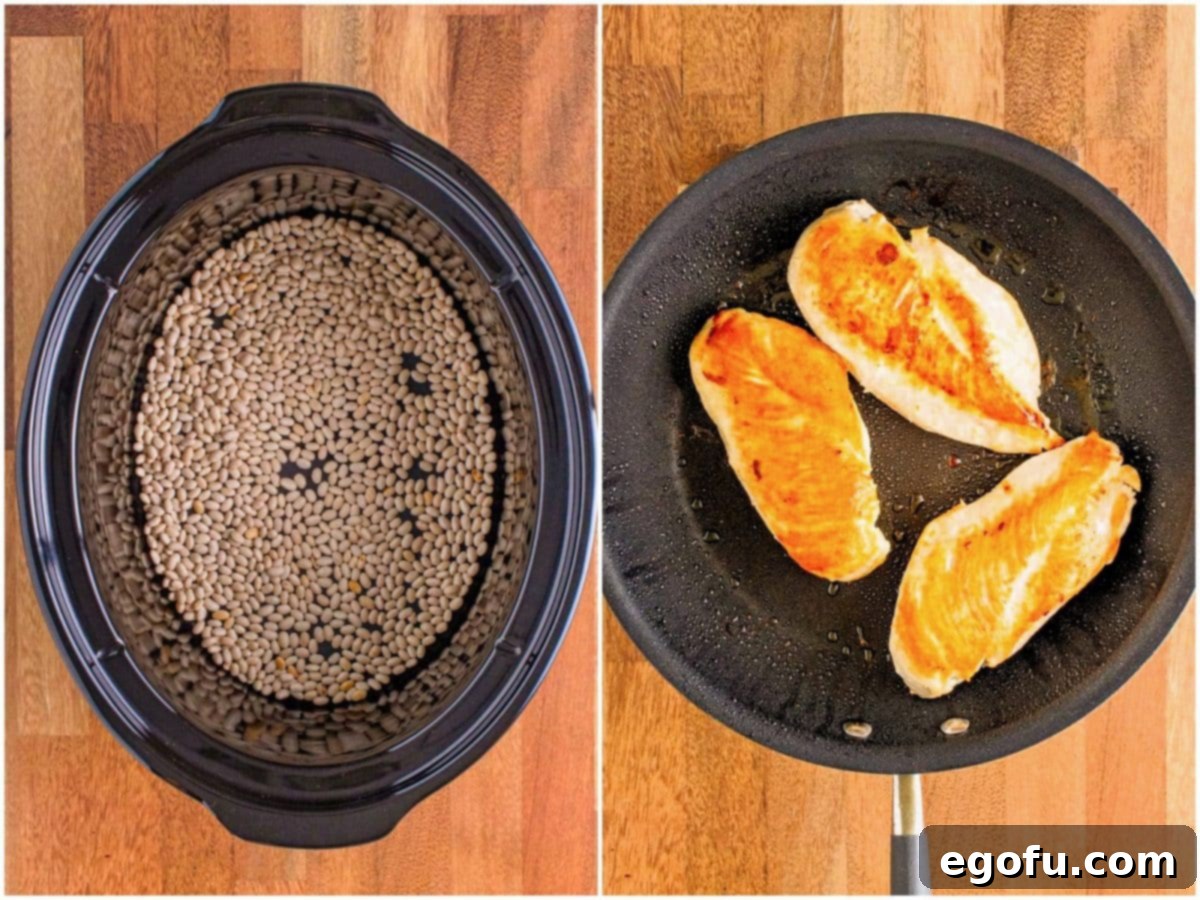 Creamy Crock Pot White Chicken Chili 6 collage of two photos: dried beans in the slow cooker, browning 3 chicken breasts in a skillet.