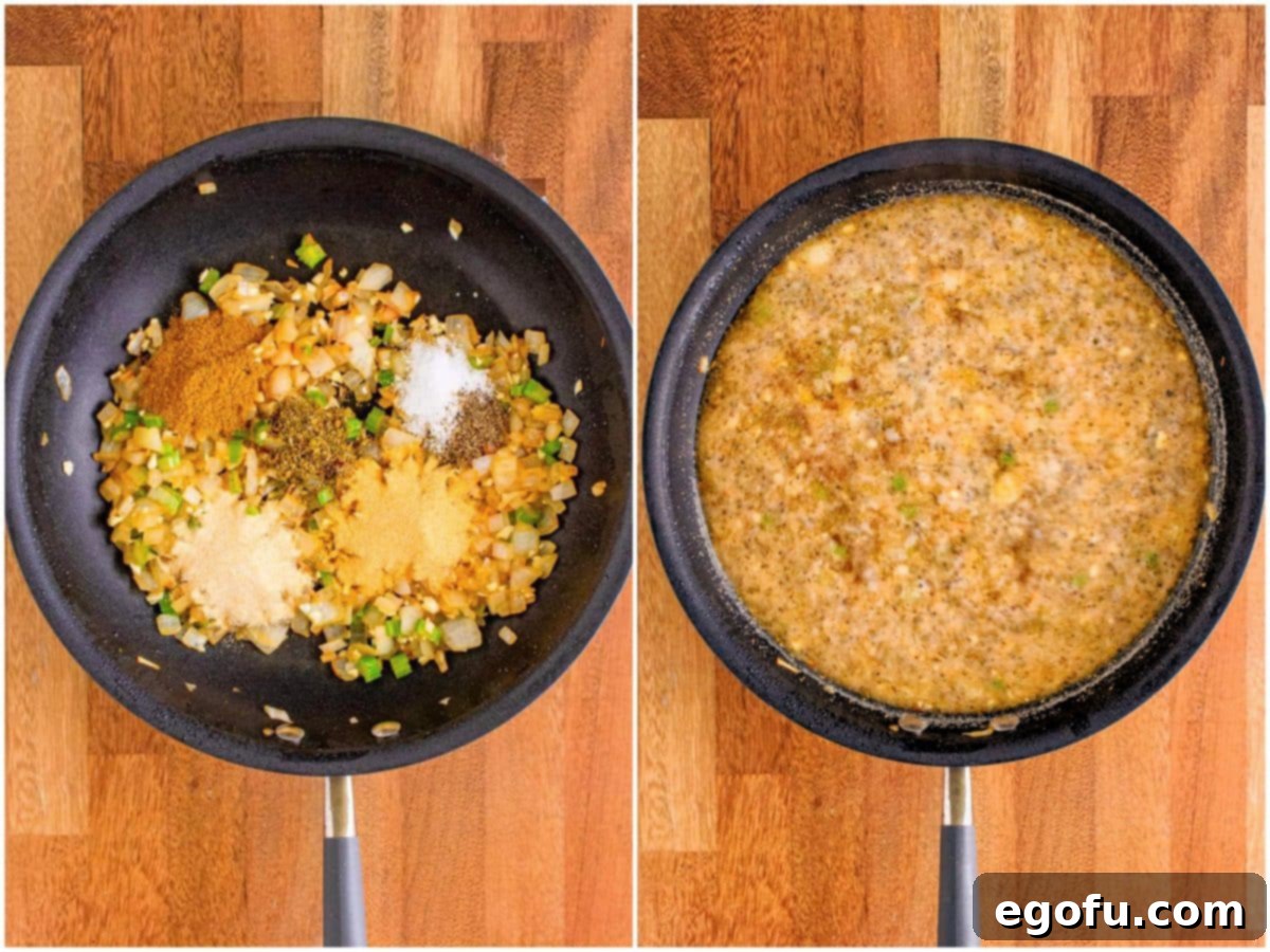 Creamy Crock Pot White Chicken Chili 8 collage of two photos: seasonings added to skillet; chicken broth added to skillet.