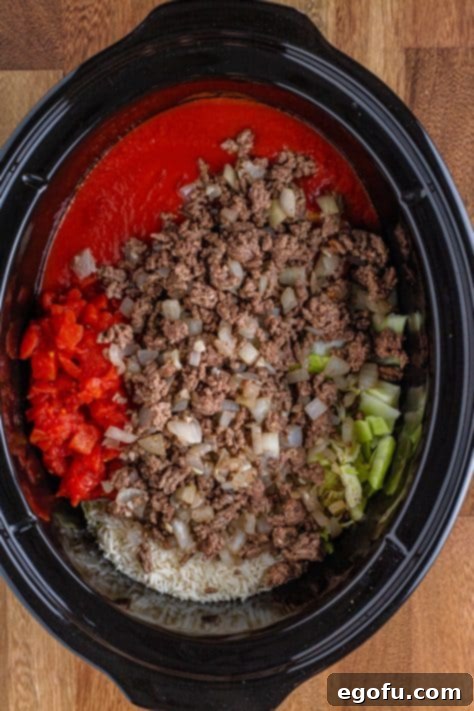 ground beef added to other ingredients in the slow cooker.