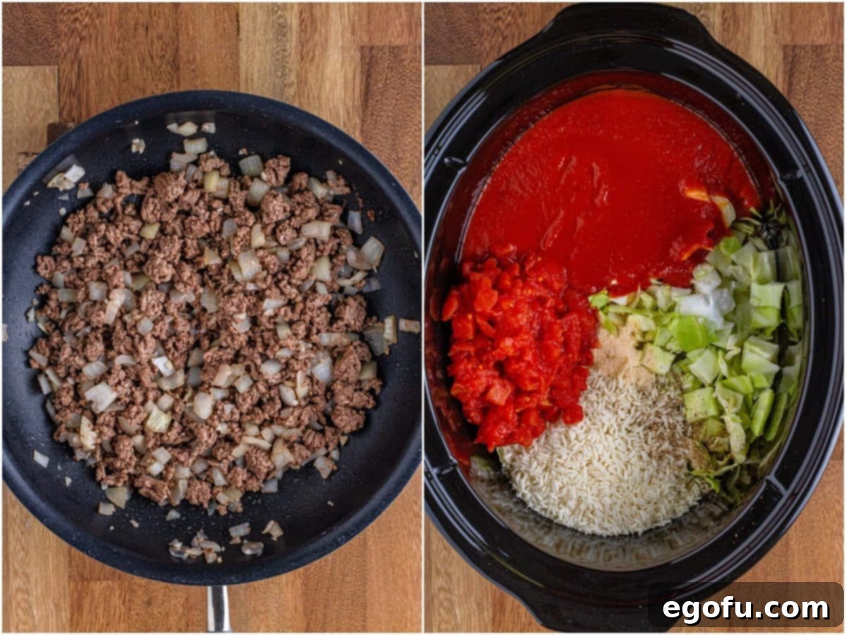 A visual guide showing the initial step of browning crumbled ground beef with diced onion and minced garlic in a skillet.