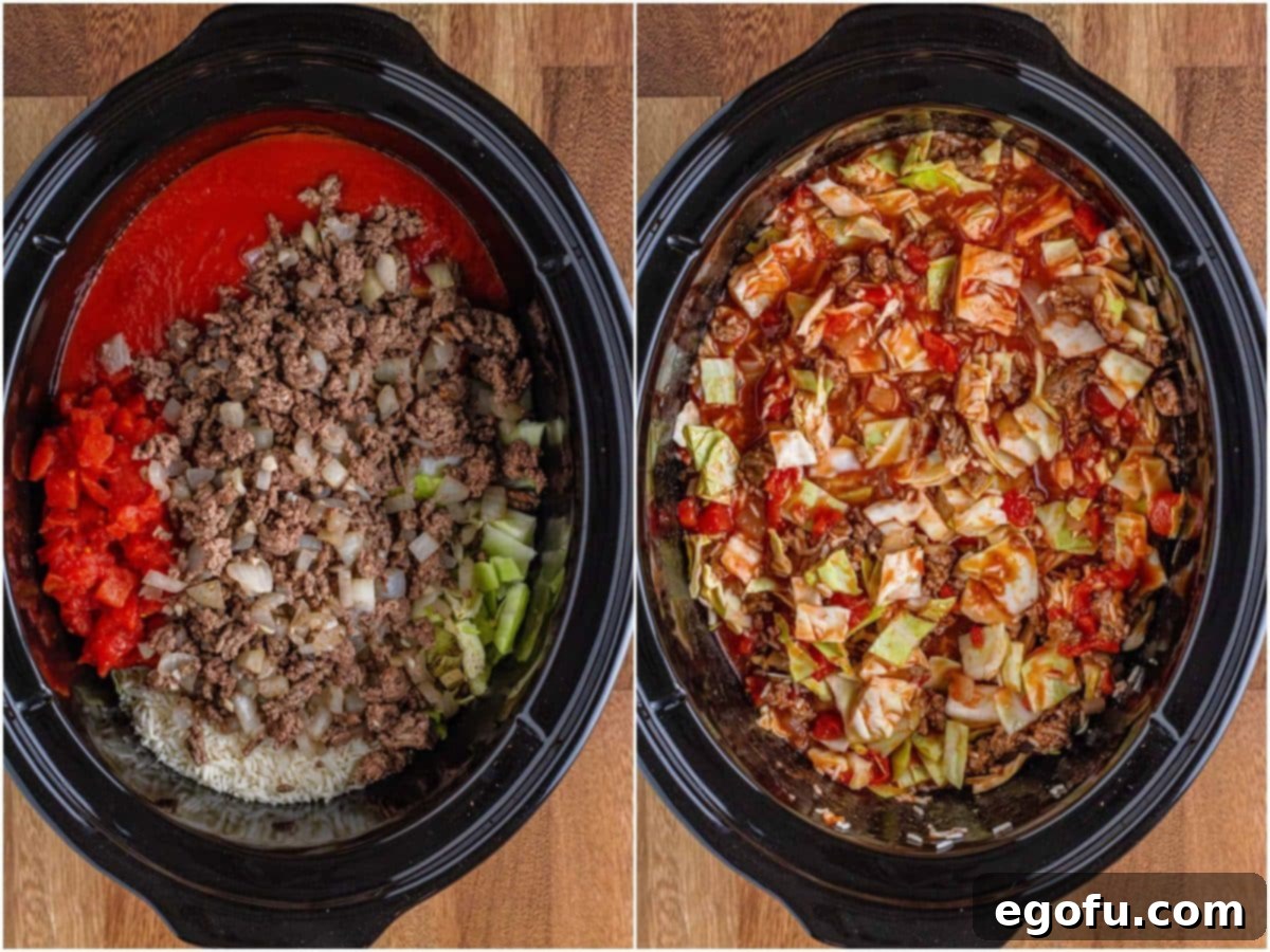 A two-part image showing the ground beef mixture being added to the slow cooker, followed by all ingredients mixed together before cooking, creating a visually appealing, uncooked unstuffed cabbage roll mixture.
