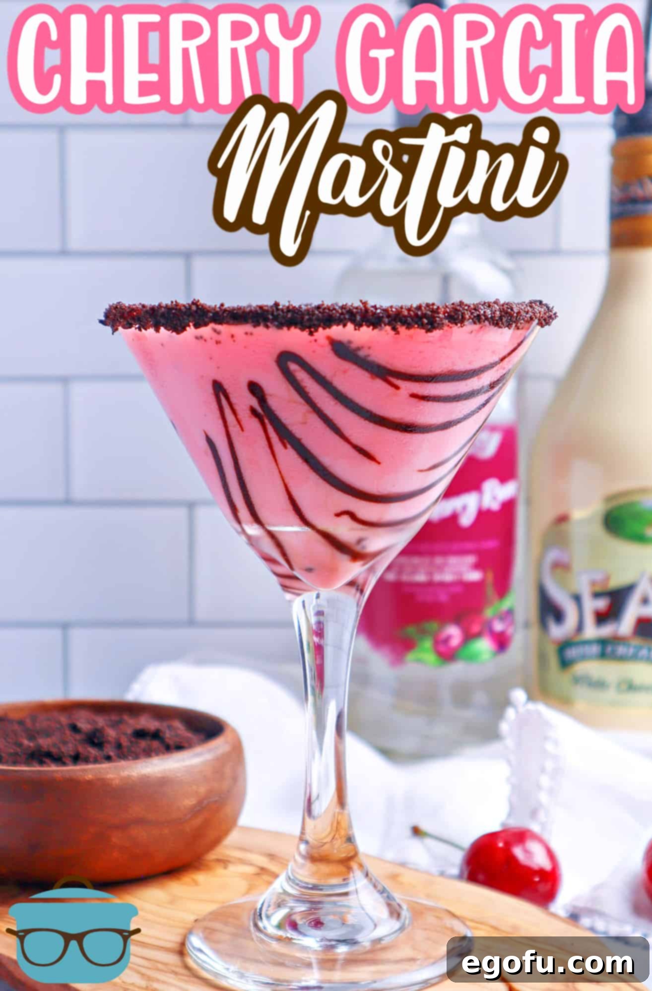 Cherry Garcia Martini in martini glass, showcasing delicate chocolate swirls inside the glass for added visual appeal and flavor.