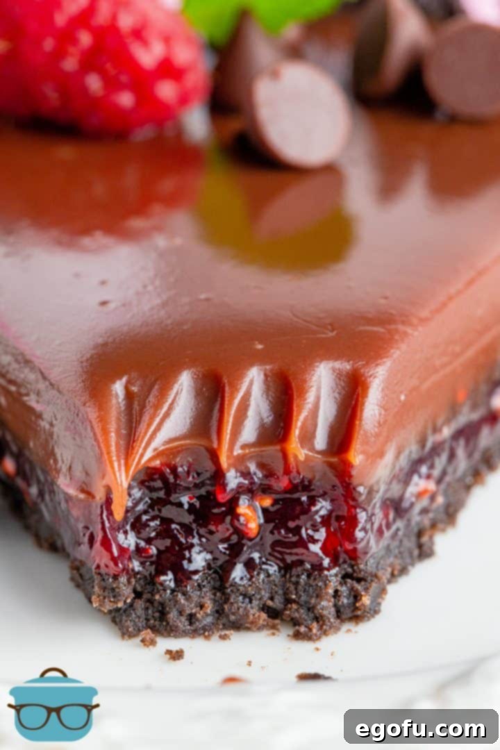 Decadent Raspberry Chocolate Tart 11 Close-up of a slice of Easy Raspberry Tart with a bite taken out, showing all three layers.