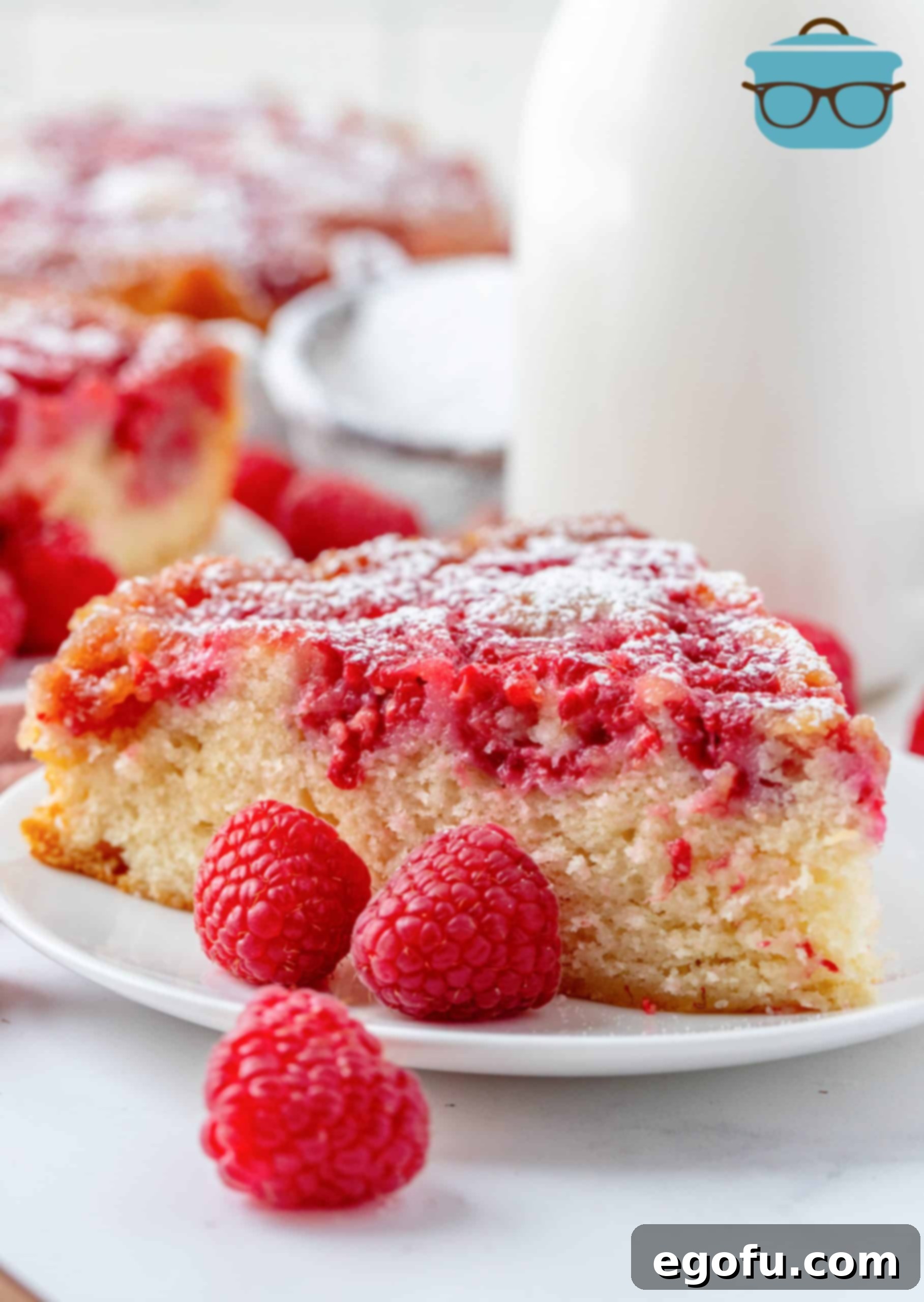 Crimson Raspberry Flip Cake 2 Slice of Raspberry Upside Down Cake on white plate with raspberries