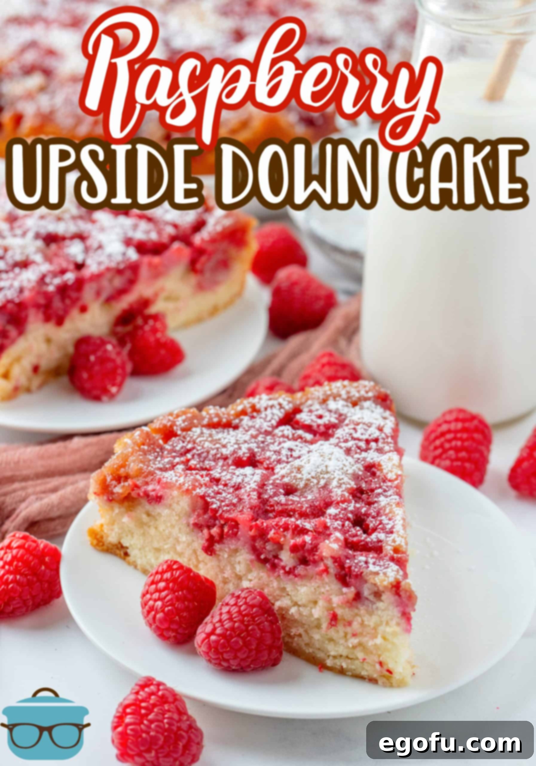 Crimson Raspberry Flip Cake 3 Two slices of Raspberry Upside down cake topped with powdered sugar Pinterest Image.