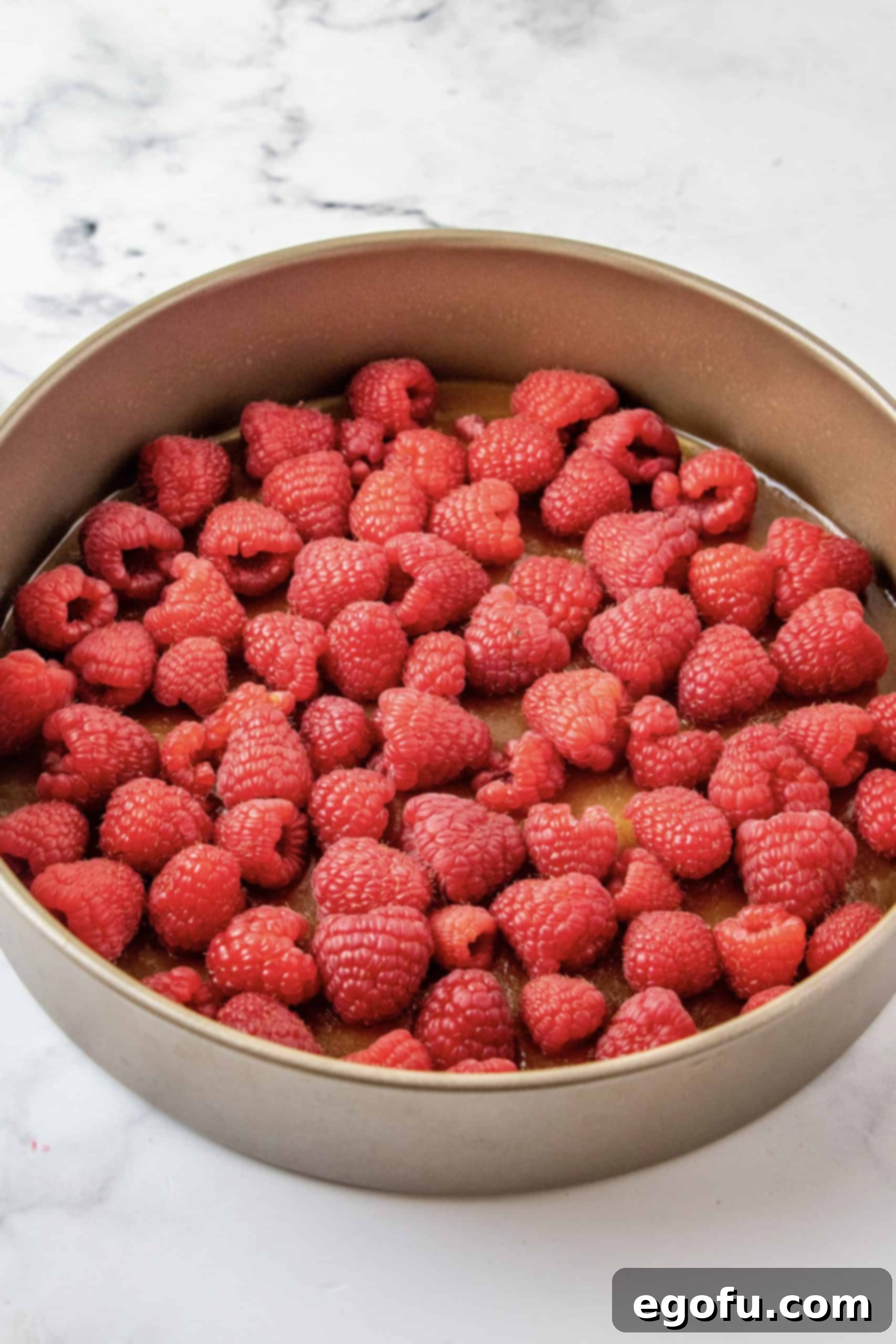 Crimson Raspberry Flip Cake 8 Raspberries on top of brown sugar mixture in pan.