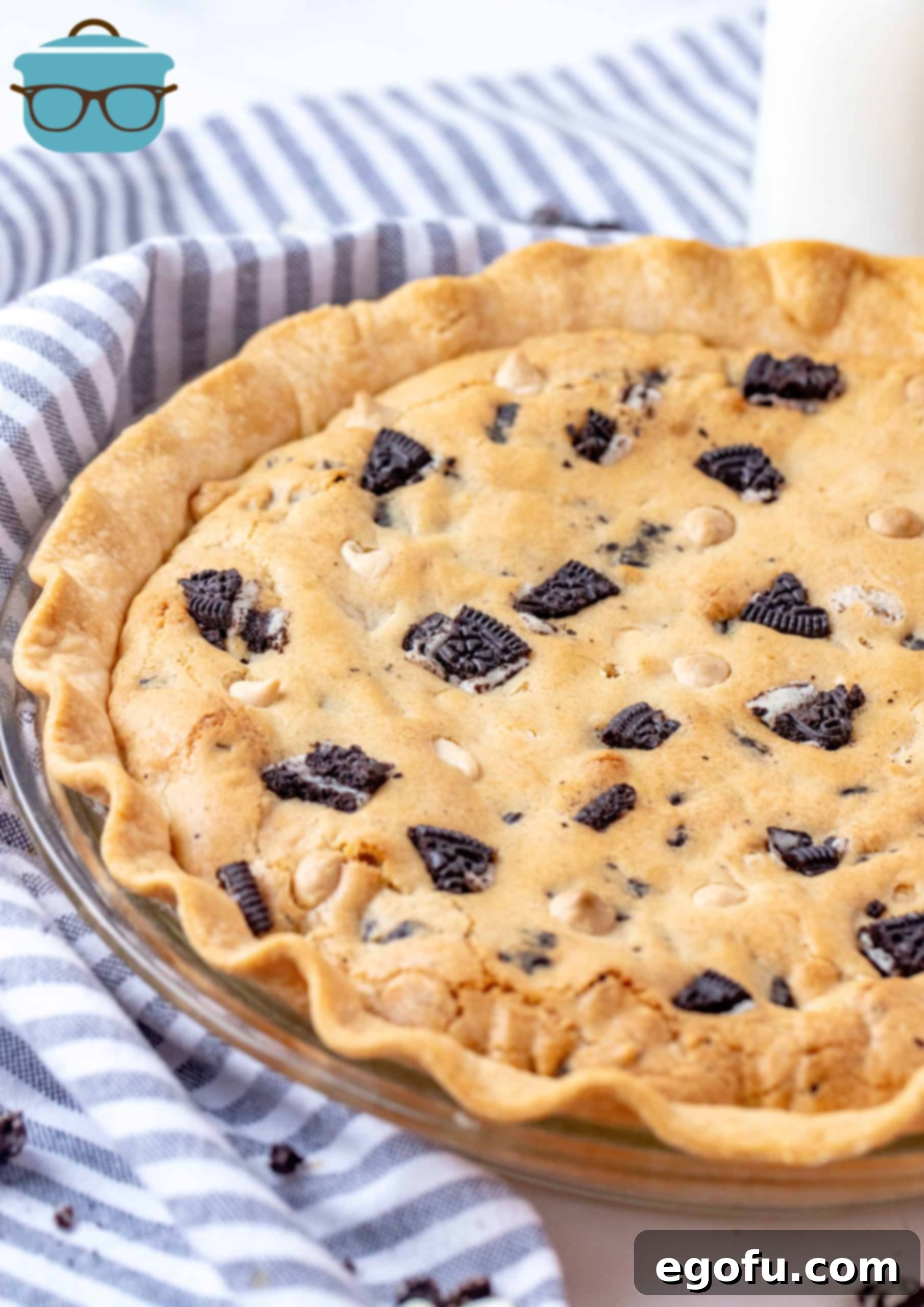 Baked Oreo Cookie Pie right out of oven in pie plate.