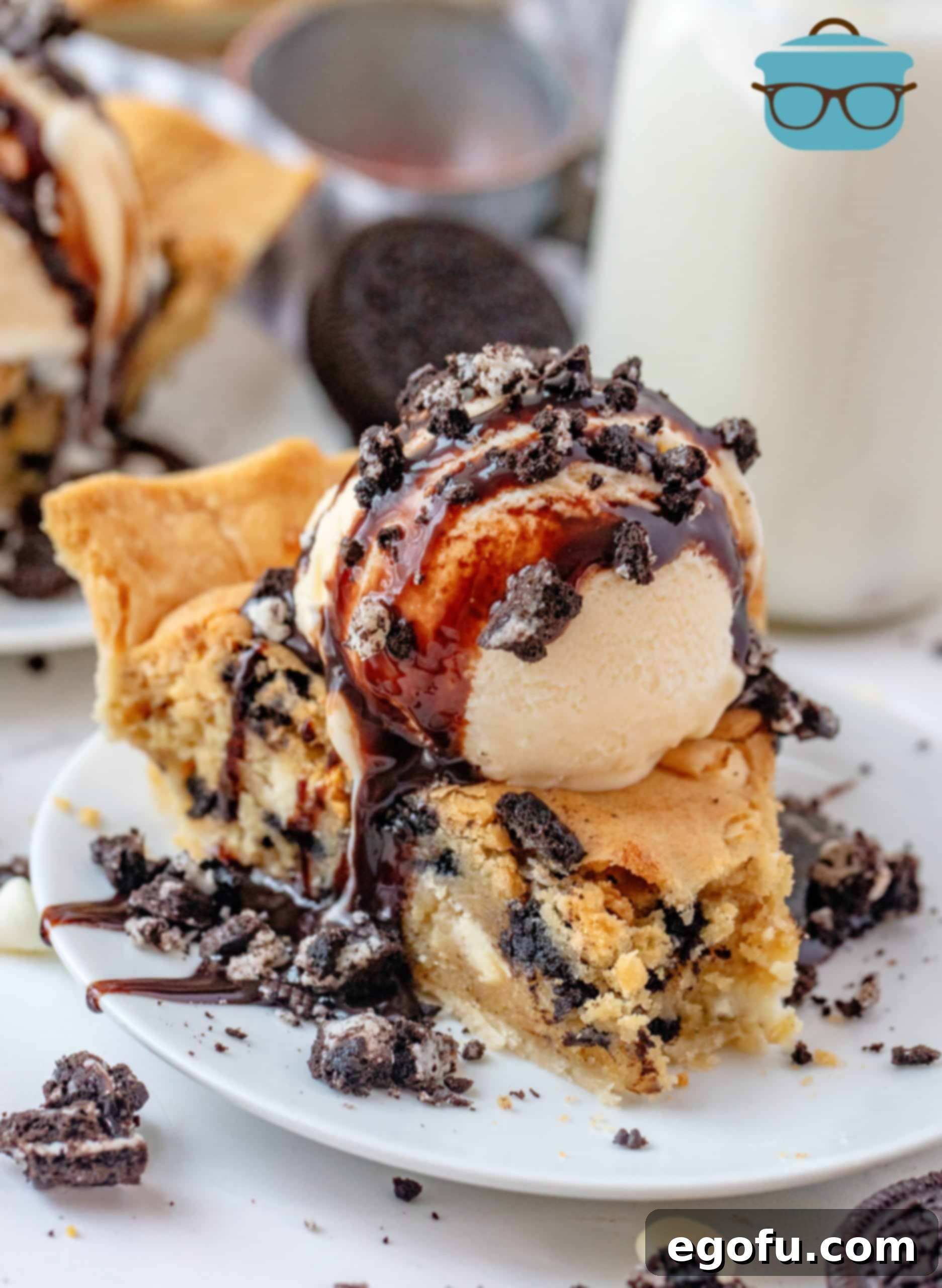 Bite taken out of slice of Oreo Cookie Pie.