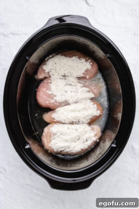 Chicken in crock pot with ranch seasoning on top