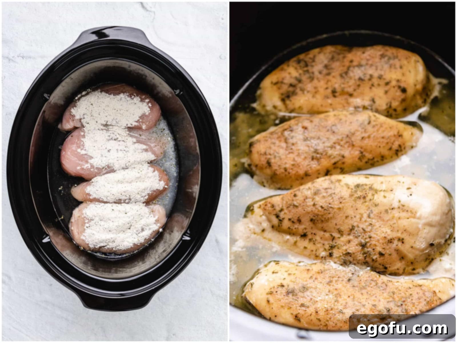 collage of two photos: chicken in crock pot with ranch seasoning on top; fully cooked chicken breasts in their juices in the slow cooker. 