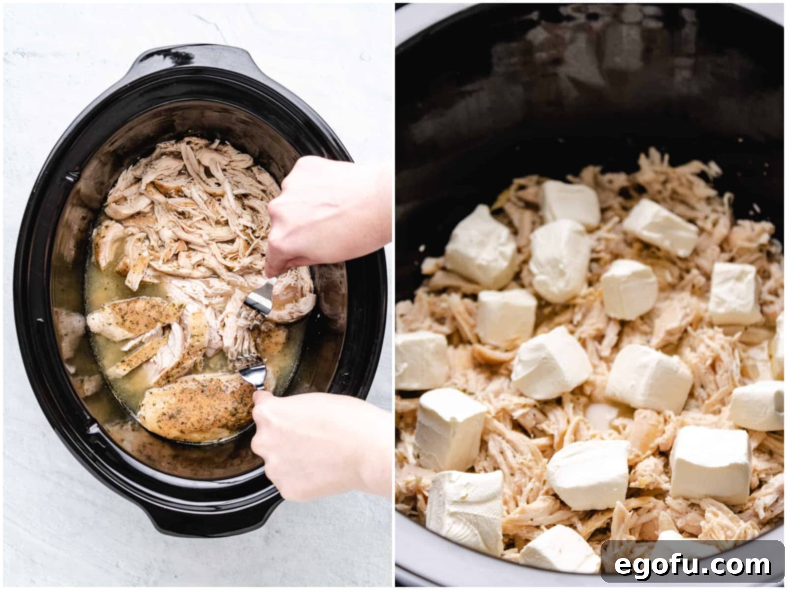 collage of two photos: hands shredding chicken with two forks; cubed cream cheese added on top of shredded chicken. 