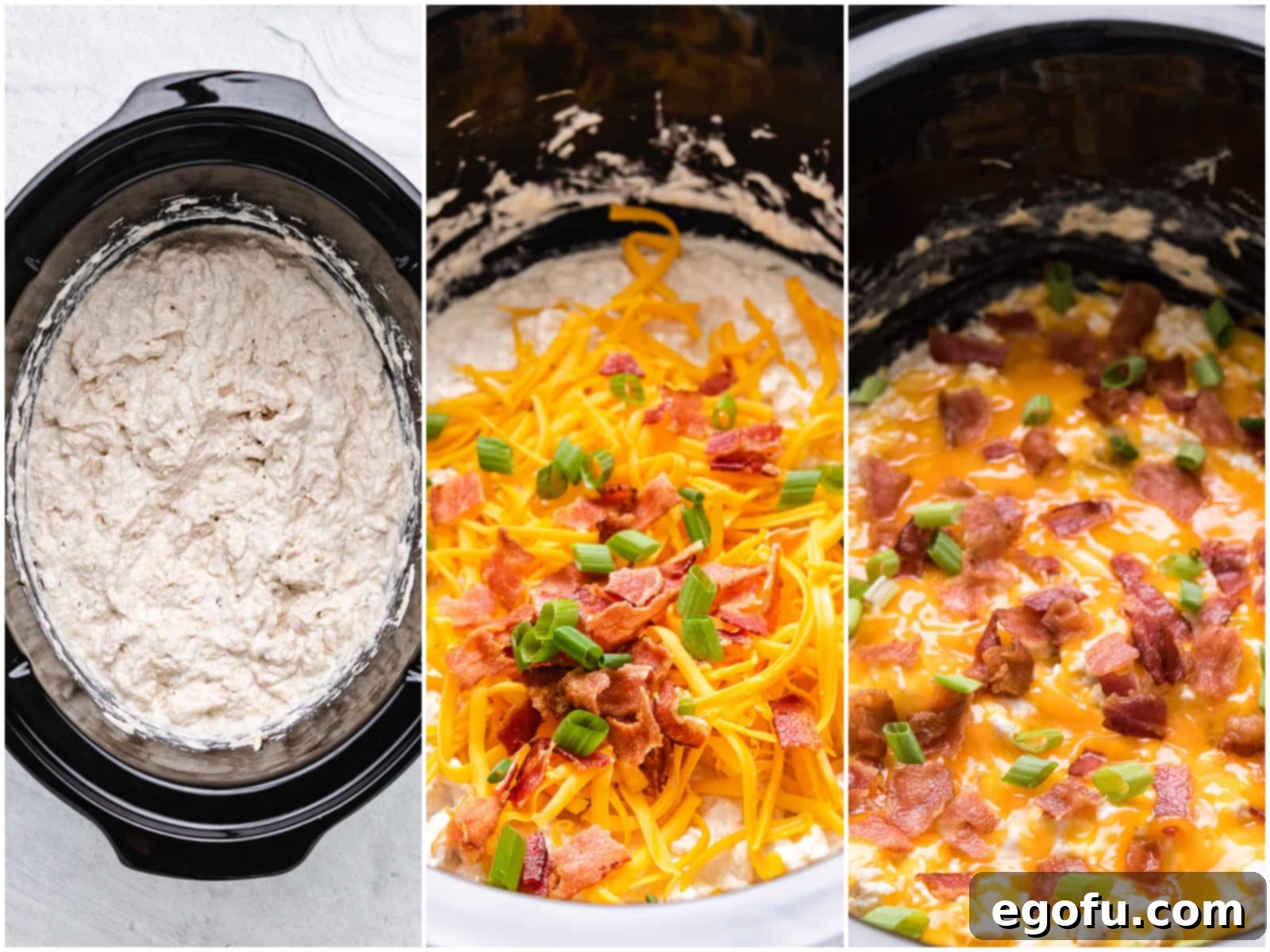 collage of three photos: cream cheese mixture stirred into shredded chicken; shredded cheese and bacon on top of creamy chicken mixture; melted cheese on chicken.