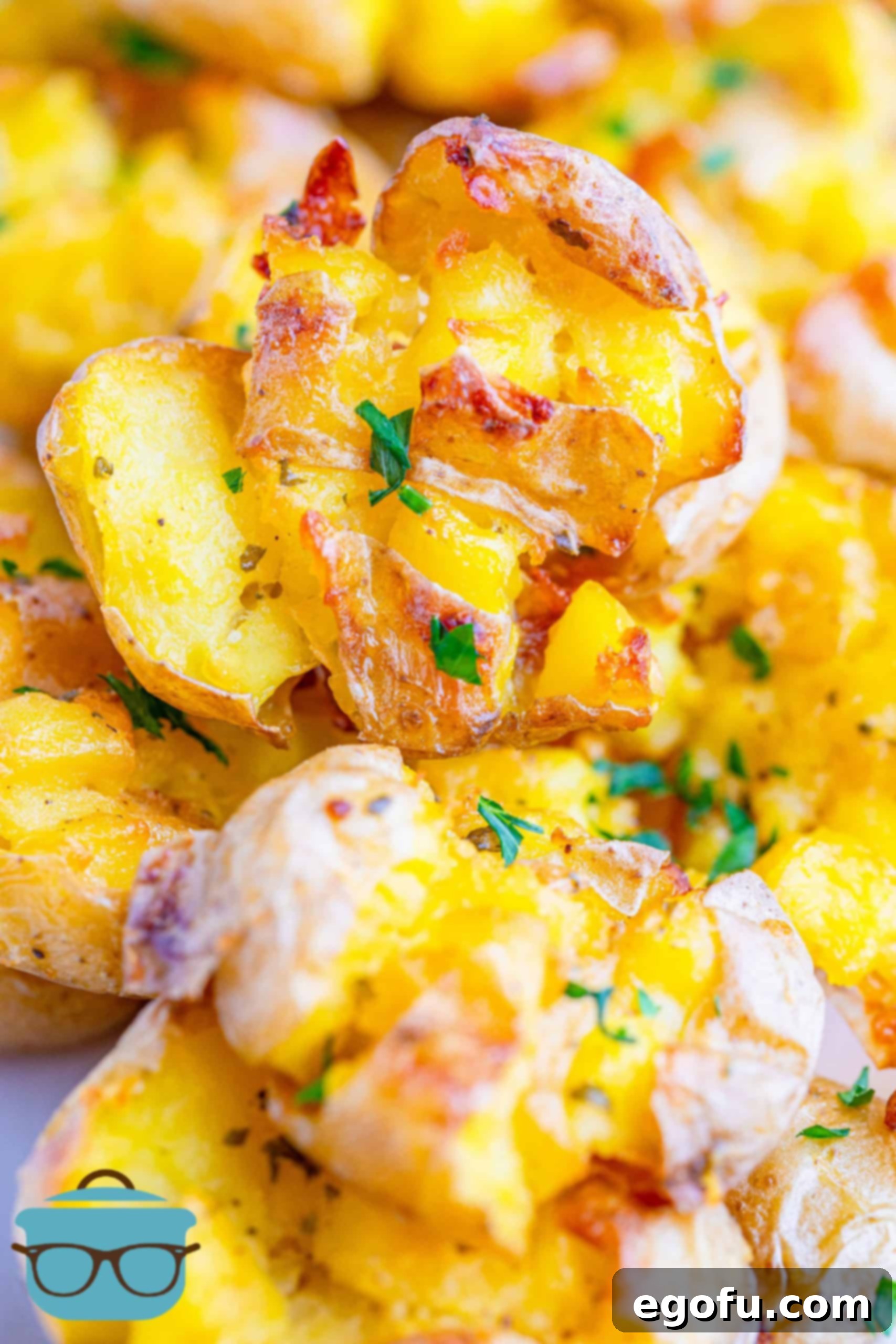 Close up of Ranch Smashed Potatoes up close stacked.