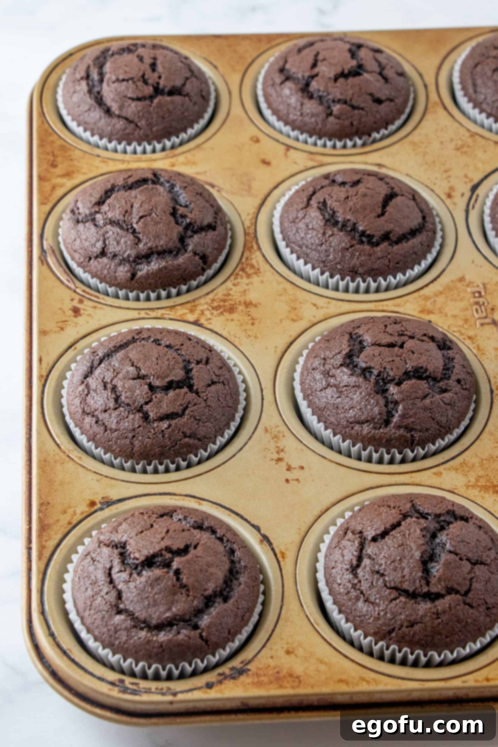Decadent Baileys Cupcakes 10 Freshly baked cupcakes in their muffin tin, golden brown and perfectly risen, cooling slightly before being transferred.