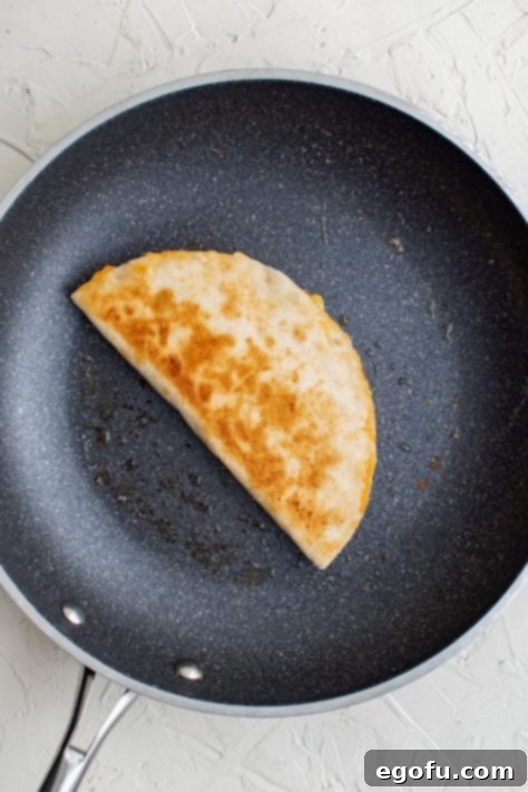 Browned finished quesadilla in pan