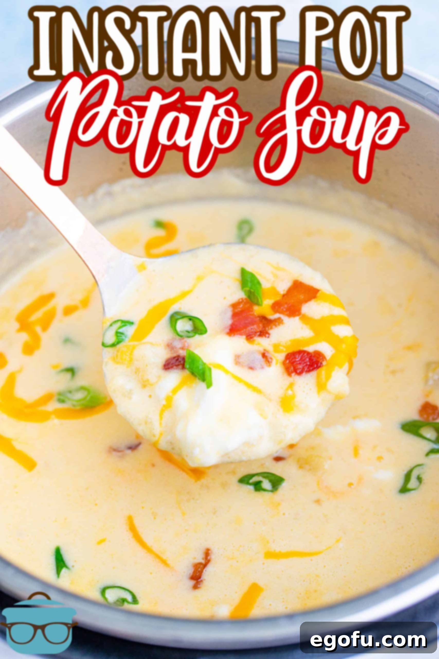 Close-up of Instant Pot Loaded Potato Soup being scooped from the Instant Pot, showing its rich, thick texture and delicious toppings.