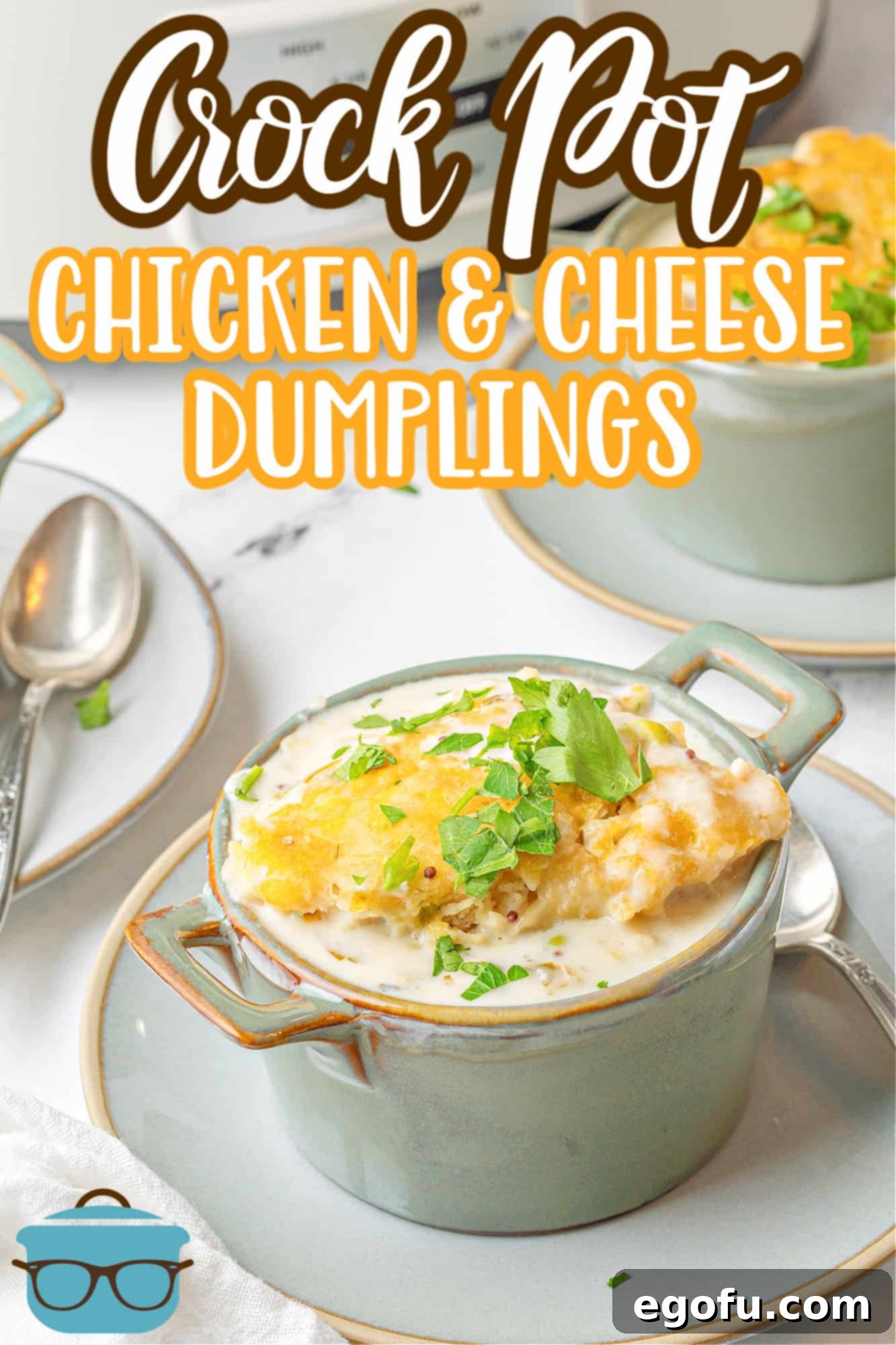 Bowl of Crock Pot Chicken and Cheese Dumplings in bowl on plate pinterest image.