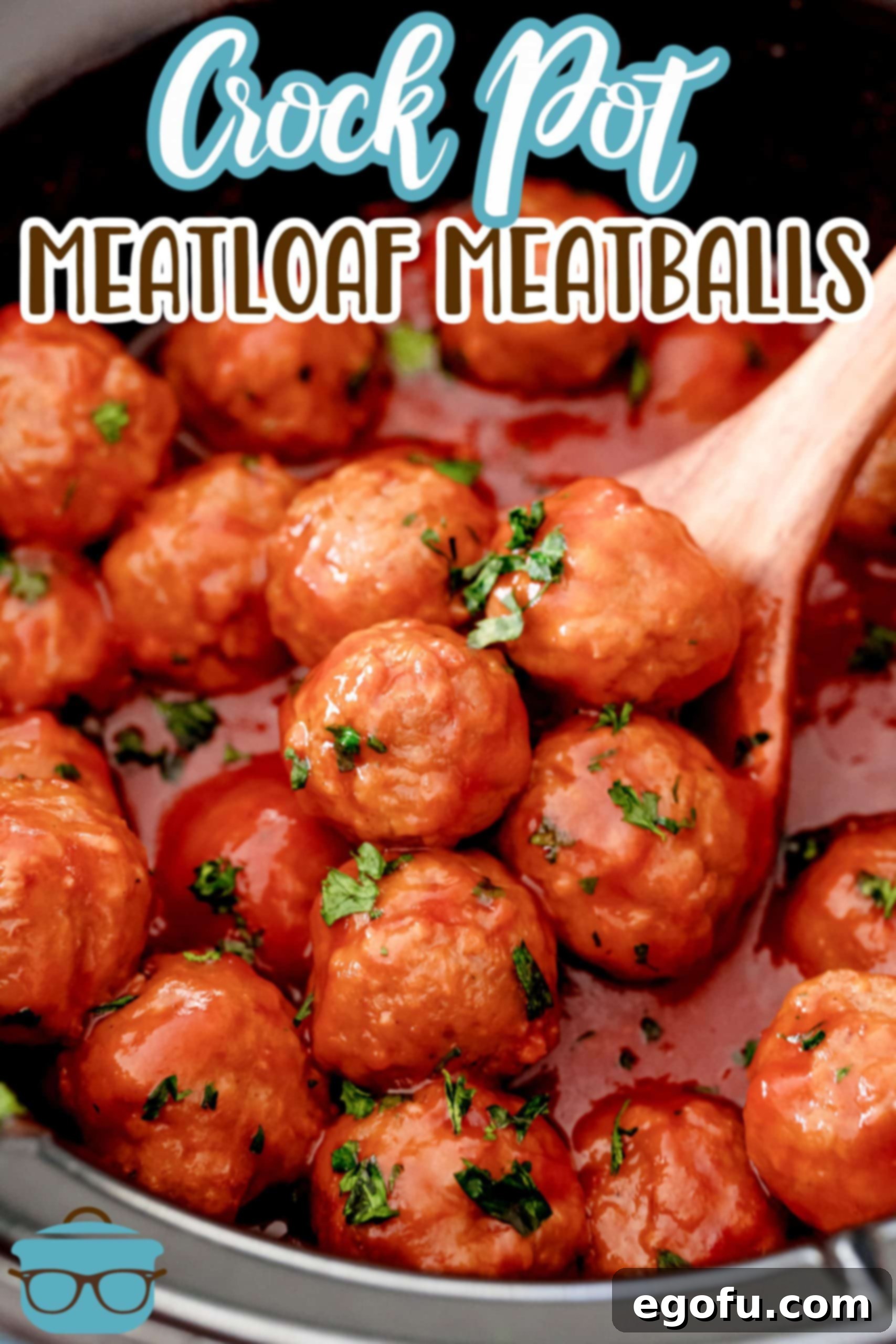 Slow Cooker Meatloaf Bites 3 Finished Crock Pot Meatloaf Meatballs, ready to serve, with a serving spoon nestled in the Crock Pot.
